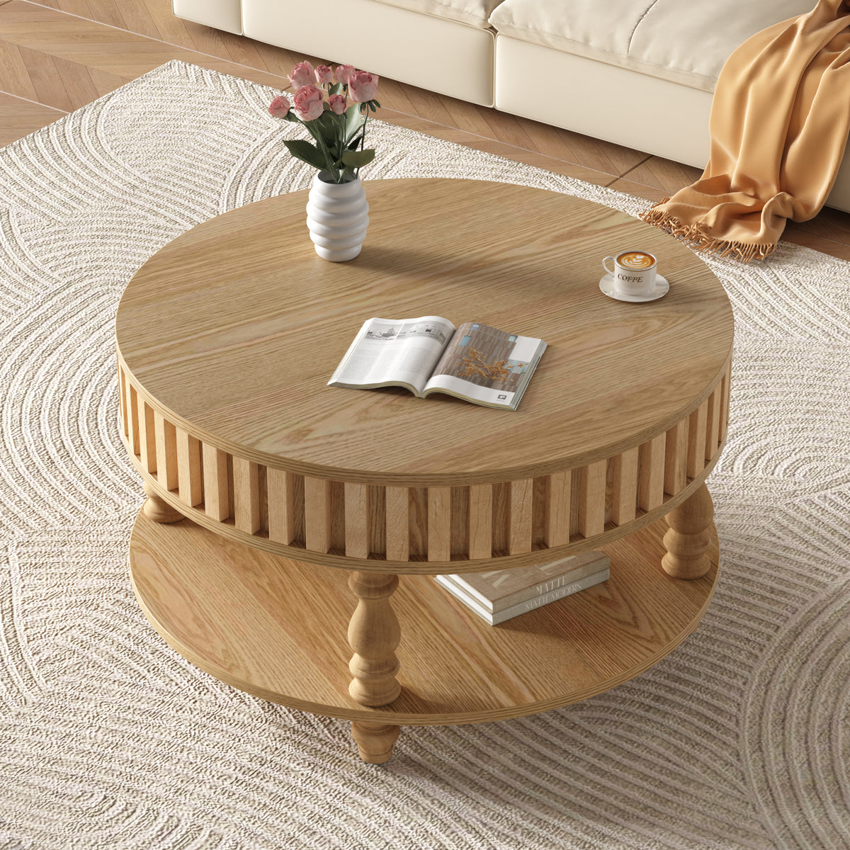 Mid-century fluted coffee table with storage in natural oak finish from Anthony & Home's Atelier Collection.