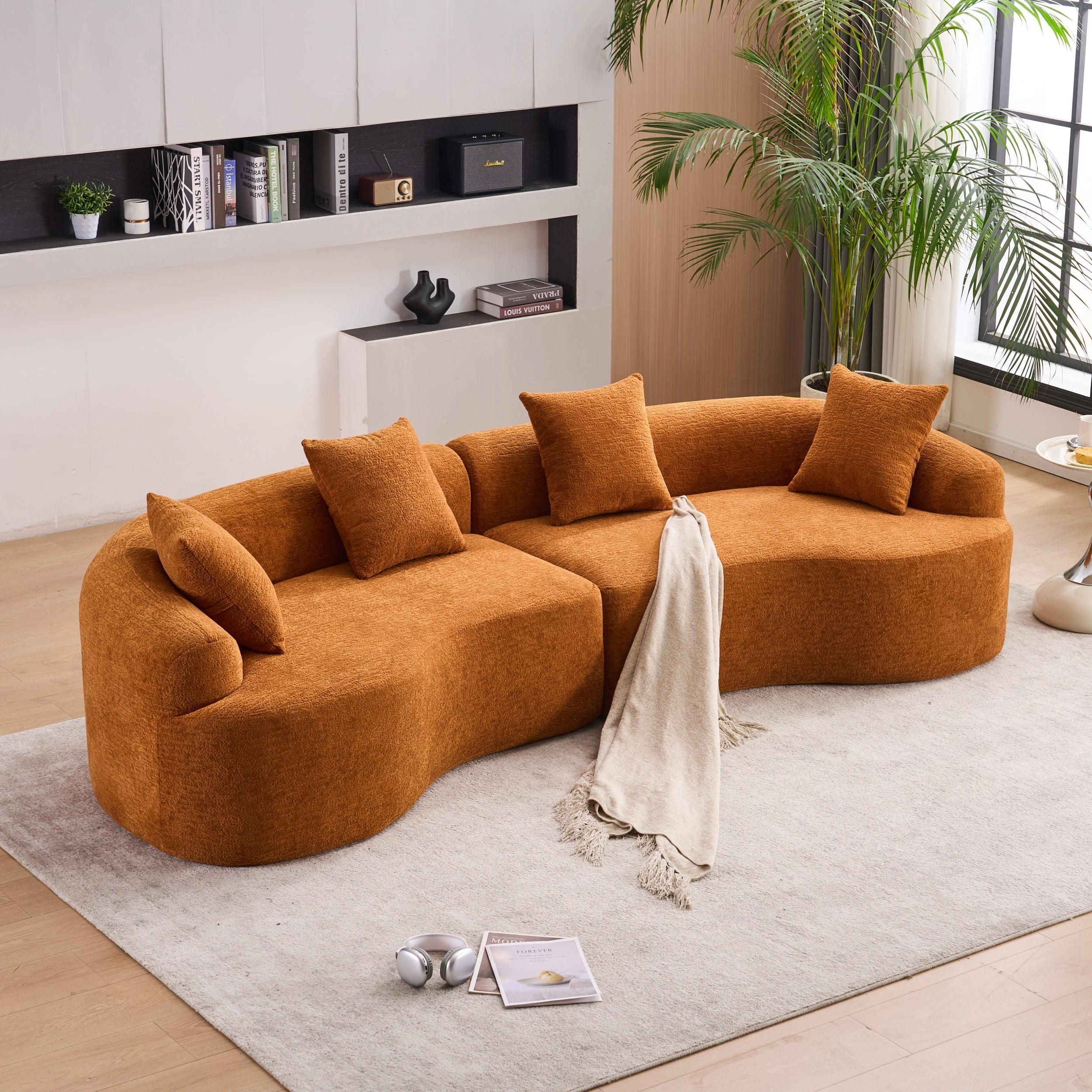 Chenille Signature Modular Sectional Sofa Orange 30D High Density Sleeper For Living Room