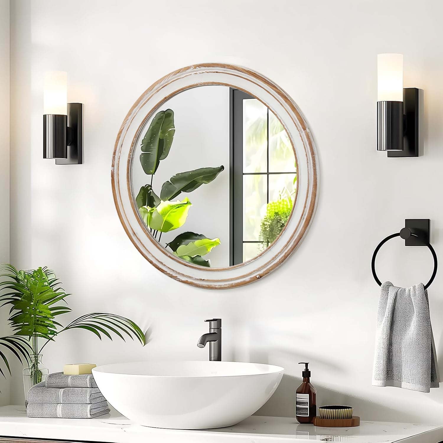 Heritage round wall mirror with distressed wood frame by Anthony & Home, showcasing a rustic, vintage-inspired design.