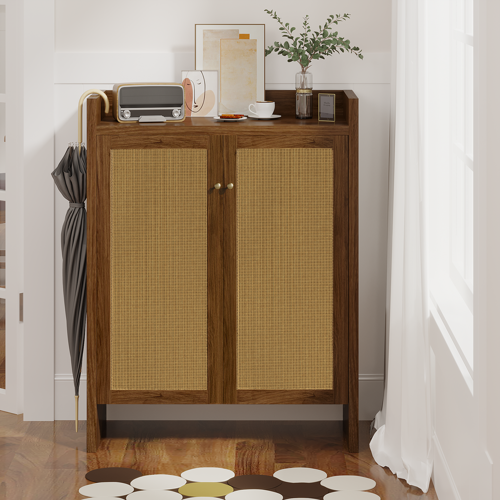Walnut finish 6-tier shoe cabinet by Anthony & Home, freestanding entryway organizer with ample storage.