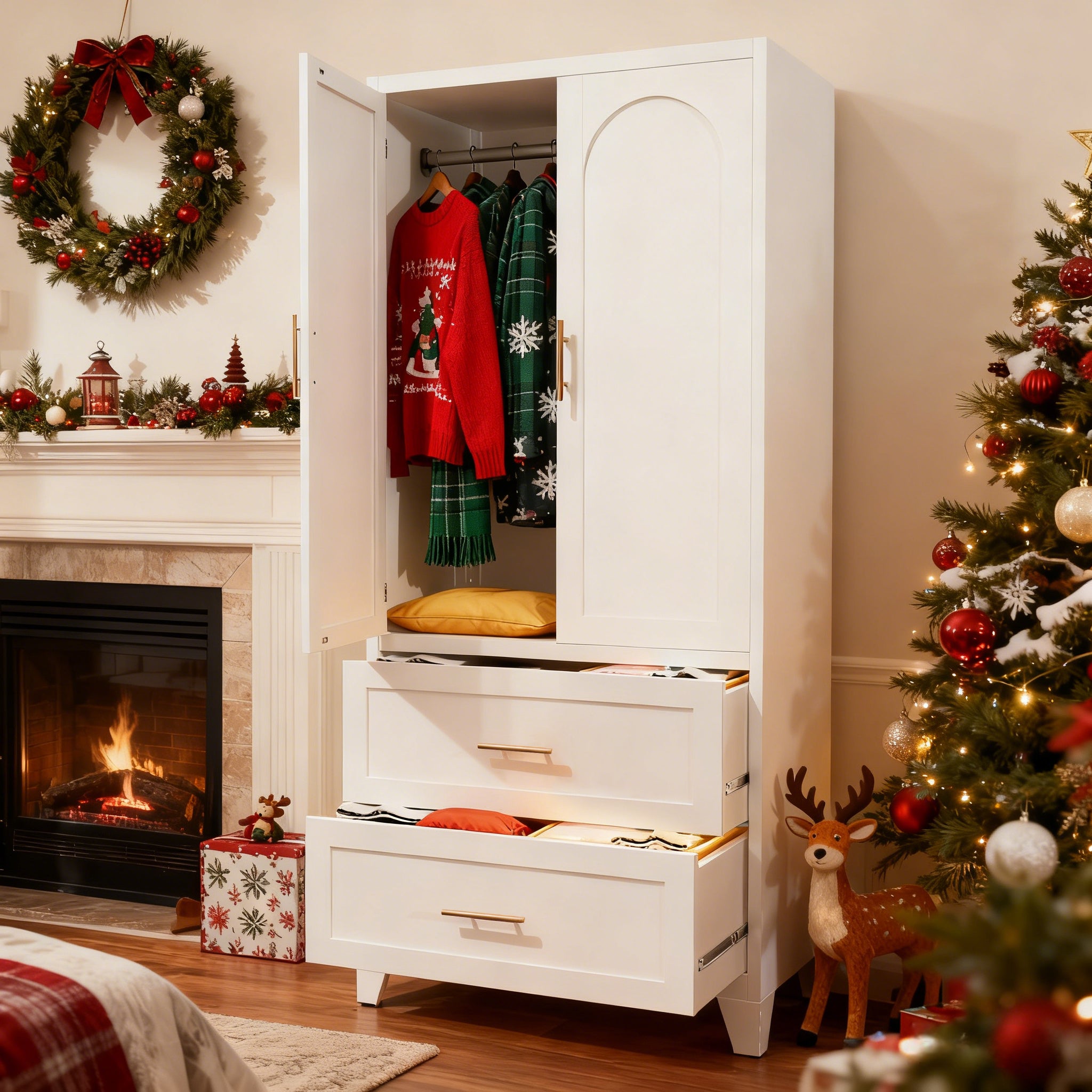 Premium Steel Wardrobe Cabinet With Drawers And Hanging Rod Exclusive Edition For Living Spaces White