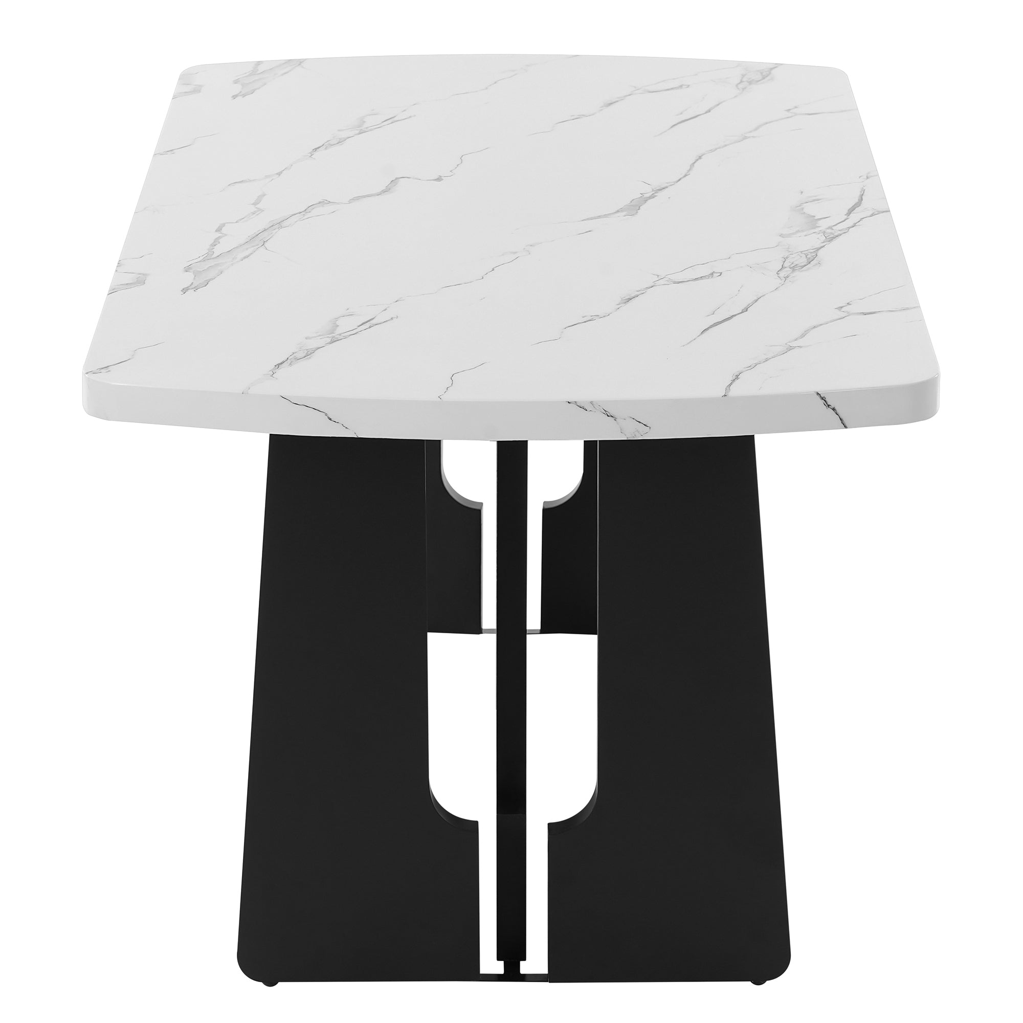 Anthony & Home Atelier faux marble dining table with black and white surface and geometric black legs