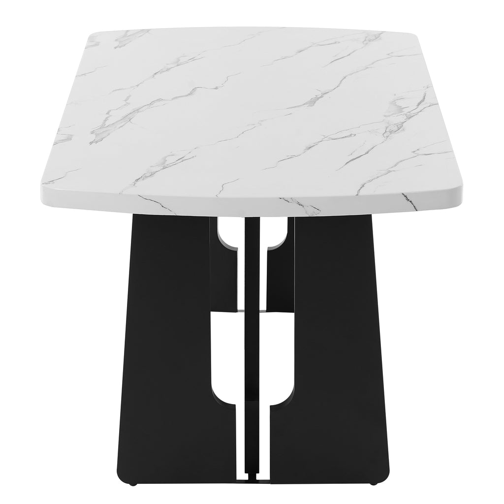 Anthony & Home Atelier faux marble dining table with black and white surface and geometric black legs