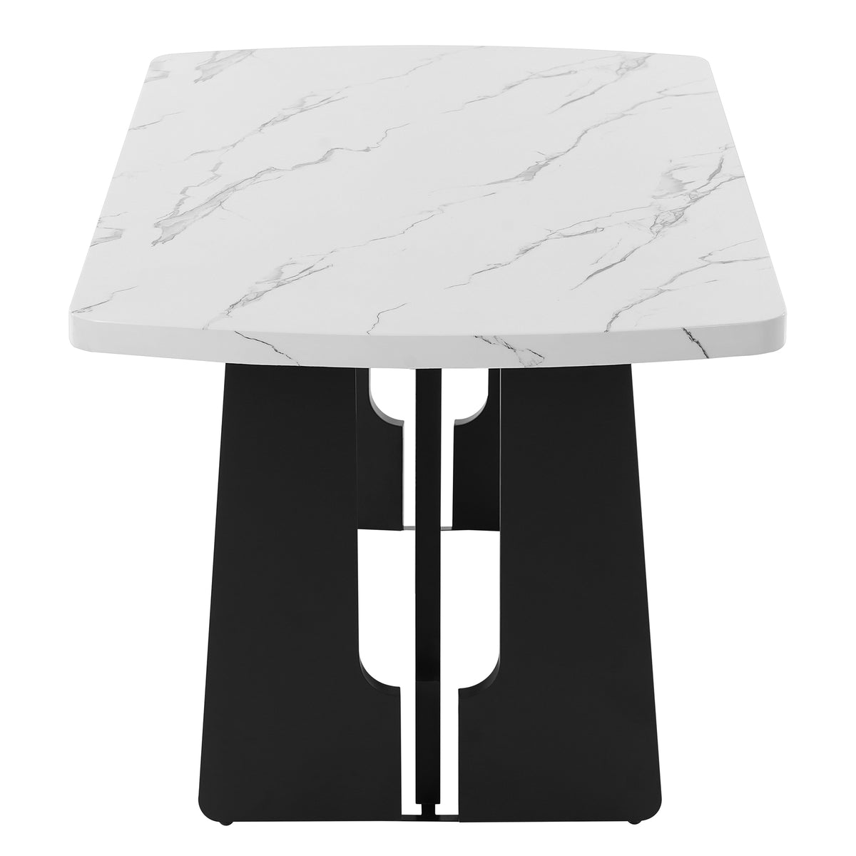 Anthony & Home Atelier faux marble dining table with black and white surface and geometric black legs
