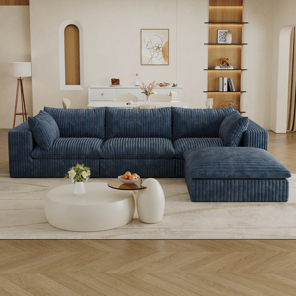 Blue corduroy Cloud sofa with deep seat and removable cushions from Anthony & Home's Atelier Collection.