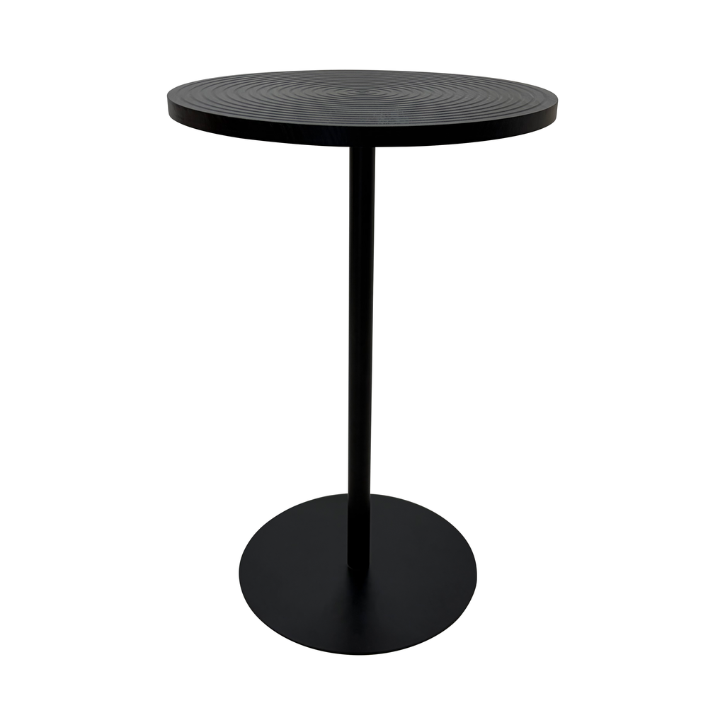 Set of 2 walnut round side tables with black metal pedestal bases featuring concentric design from Anthony & Home Atelier Collection