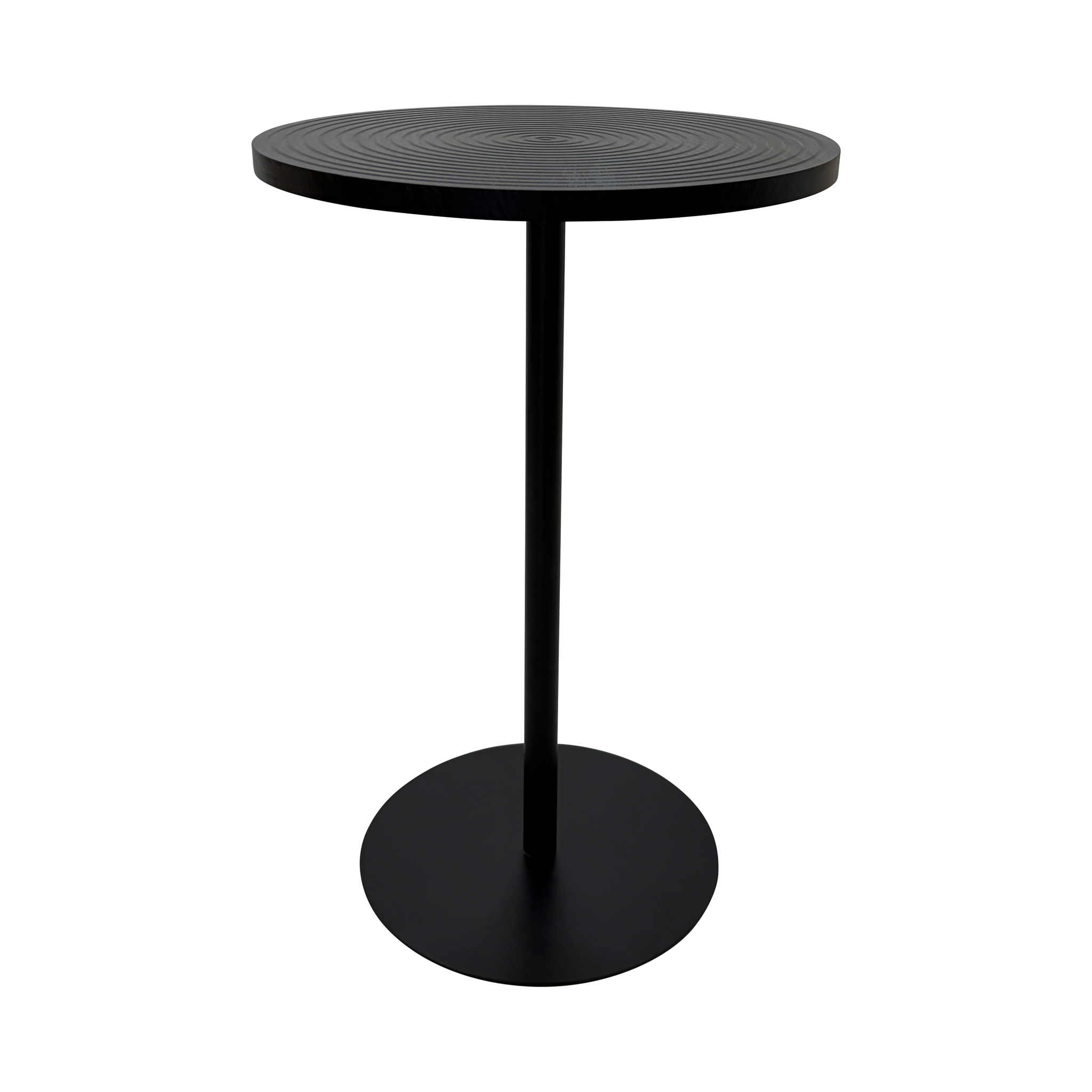 Set of 2 walnut round side tables with black metal pedestal bases featuring concentric design from Anthony & Home Atelier Collection