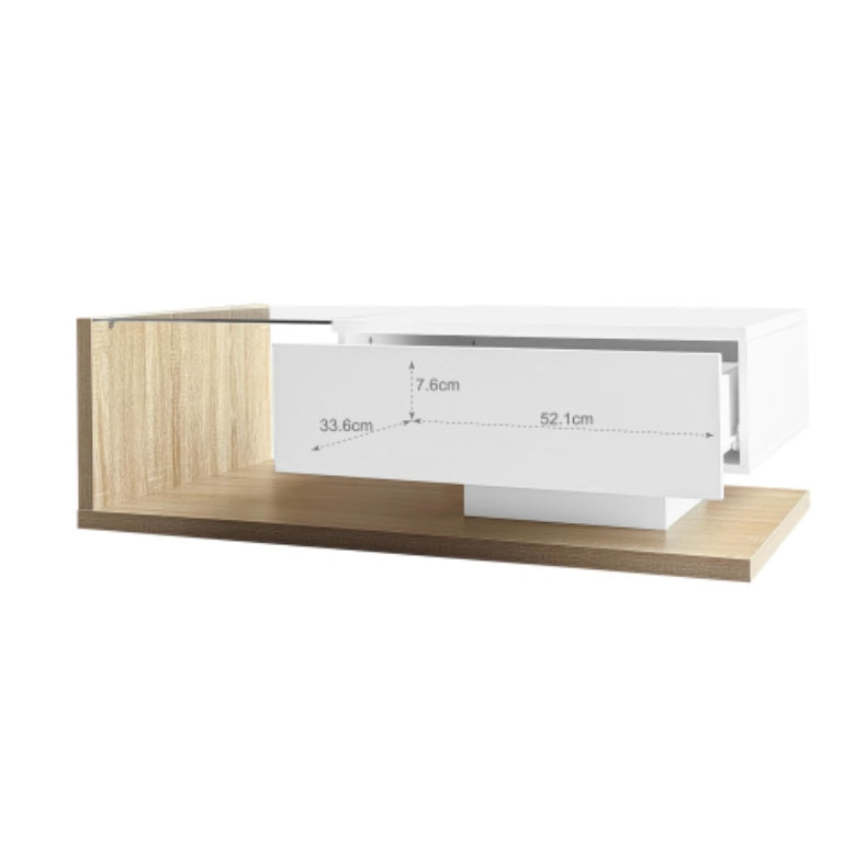 High Gloss White And Wood Coffee Table With Glass And LED