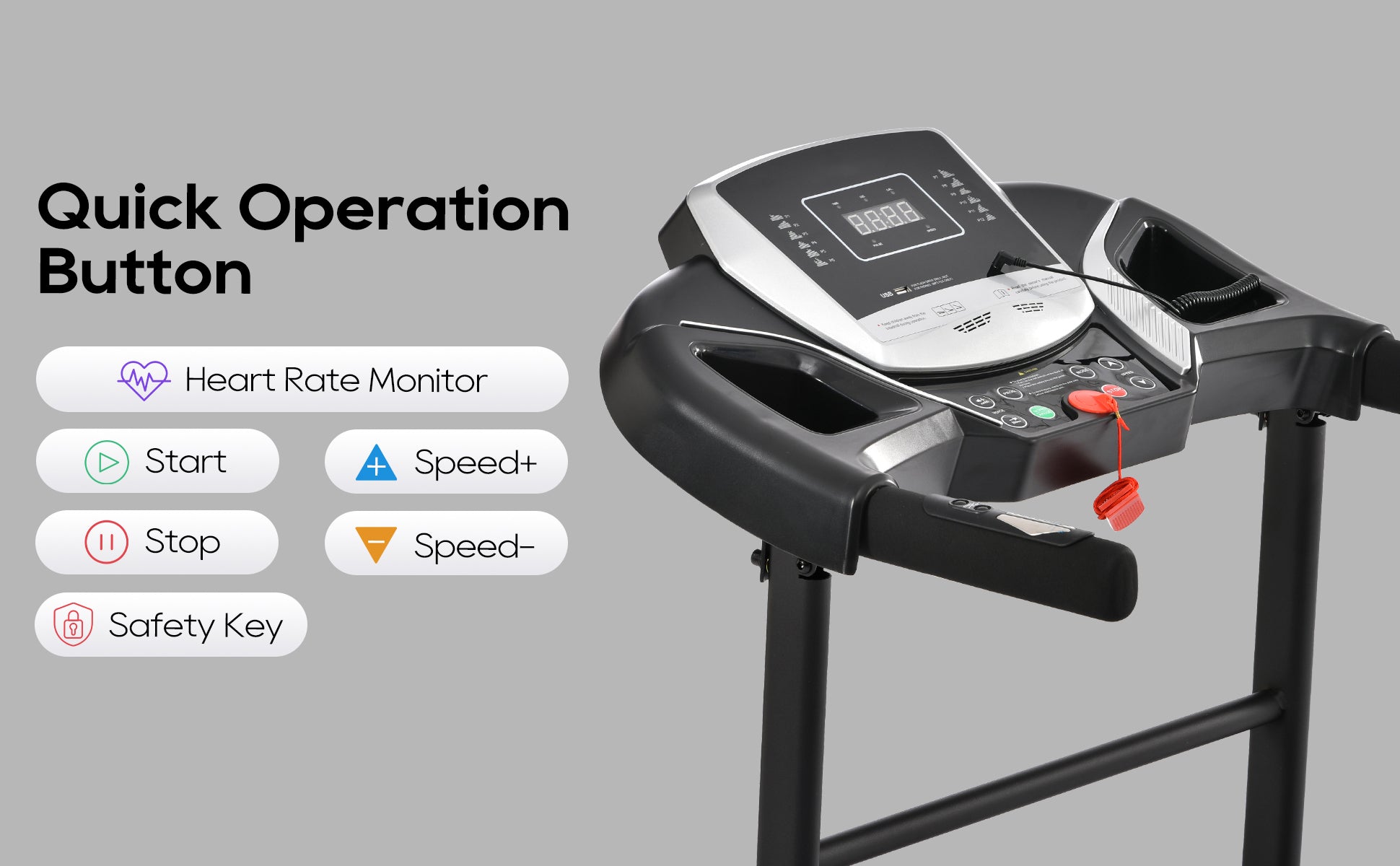 Anthony & Home Elite folding treadmill with incline, 2.5 HP brushless motor, heart rate sensors, brushed aluminum frame.