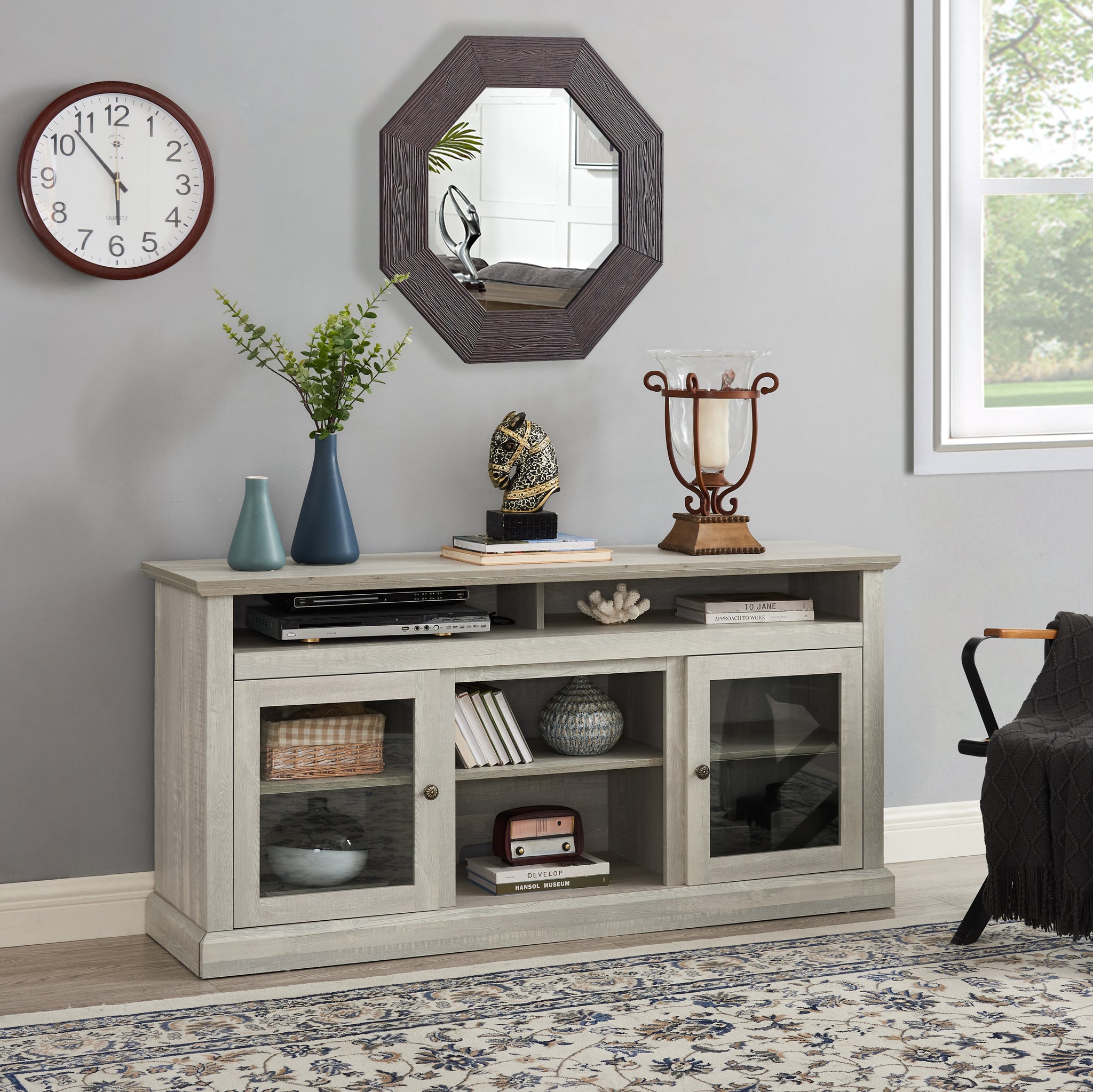 Anthony & Home Atelier Stone Gray television console with dual storage, featuring sleek design and ample space for media devices.