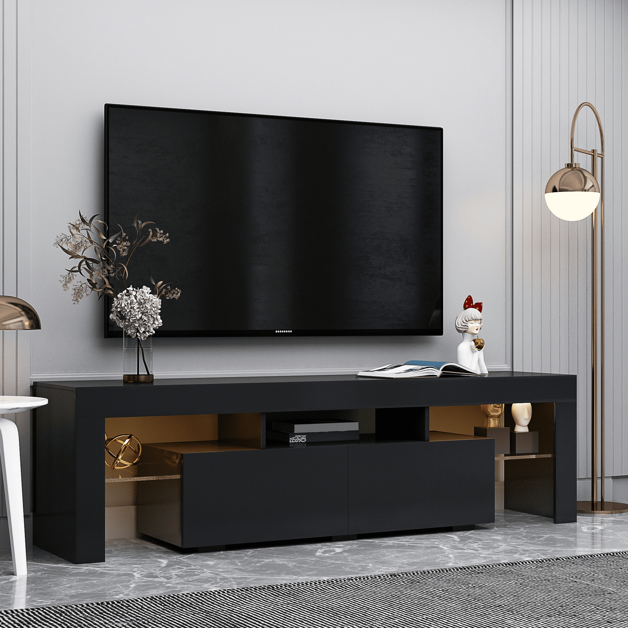 Matte black MDF TV console from Anthony & Home showcasing a modern, sleek design with clean lines and ample storage space.
