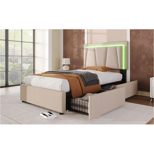 Wooden Storage Bed Frame 90x200cm Beige With Drawers