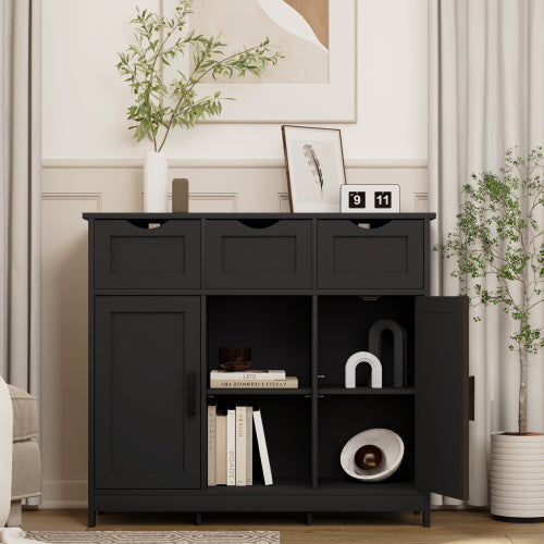 Black Wooden Floor Storage Cabinet With Drawers And Shelves