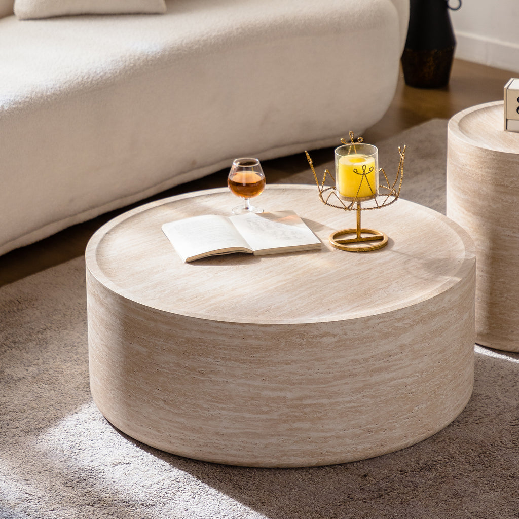 Mars pattern round drum coffee table by Anthony & Home featuring a unique design, no assembly required, with a sturdy round shape.