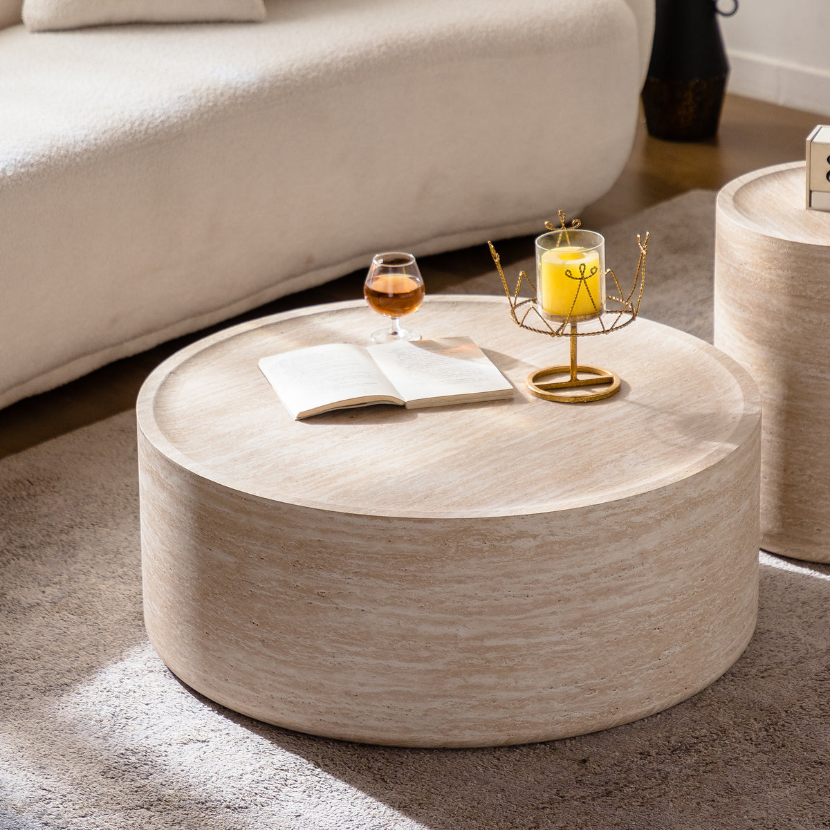 Mars pattern round drum coffee table by Anthony & Home featuring a unique design, no assembly required, with a sturdy round shape.