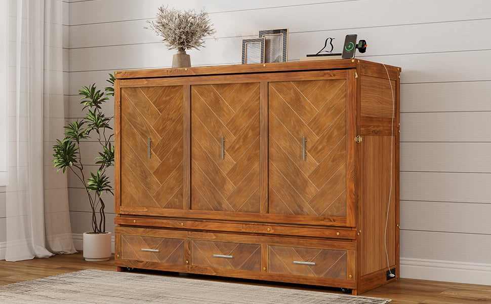 Queen size walnut Murphy bed cabinet with geometric panel, USB charging, from Anthony & Home Studio Collection, shown with open bed