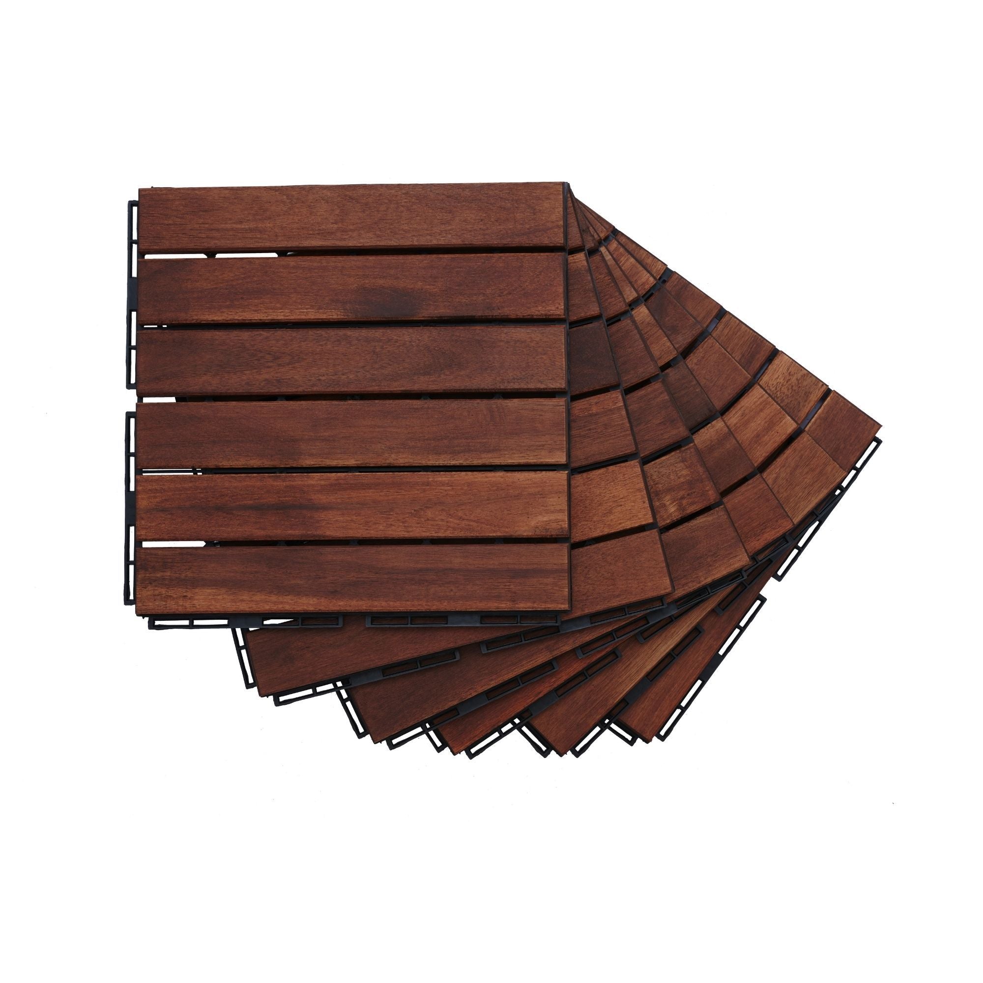Anthony & Home Acacia Studio Interlocking Deck Tiles in striped design, 12-inch size, perfect for outdoor patios and balcony flooring.