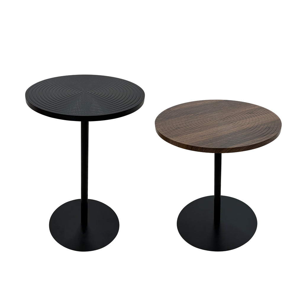 Set of 2 walnut round side tables with black metal pedestals and concentric design from the Atelier Collection by Anthony & Home