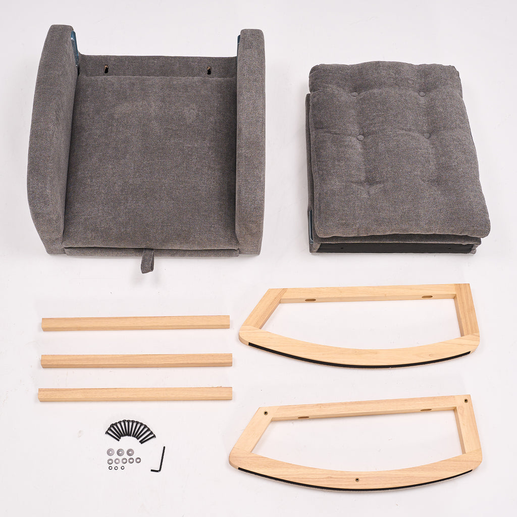 Gray Anthony & Home rocking chair with footrest, rubber wood frame, designed for studio relaxation and comfort.