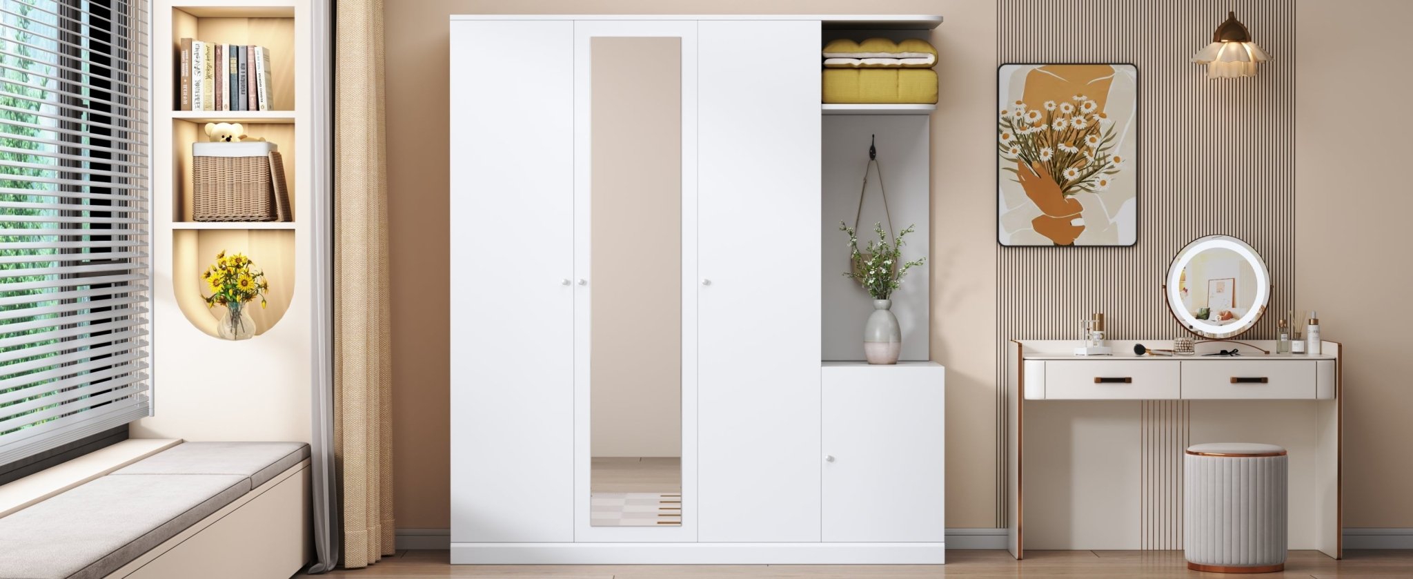 Elegant Anthony & Home wardrobe with full-length mirror, showcasing sleek design and spacious storage in a modern bedroom setting.