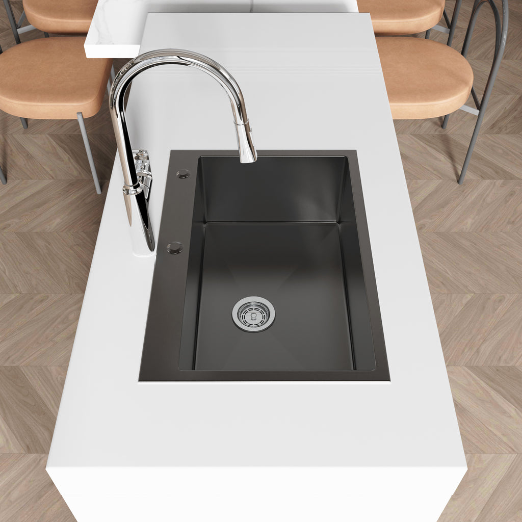 Handmade black stainless steel kitchen sink overmount by Anthony & Home, showing the sleek, durable design with smooth edges.