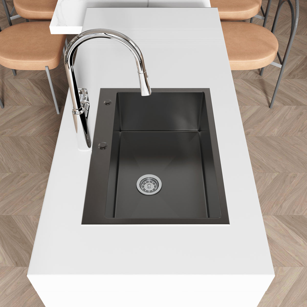 Handmade black stainless steel kitchen sink overmount by Anthony & Home, showing the sleek, durable design with smooth edges.