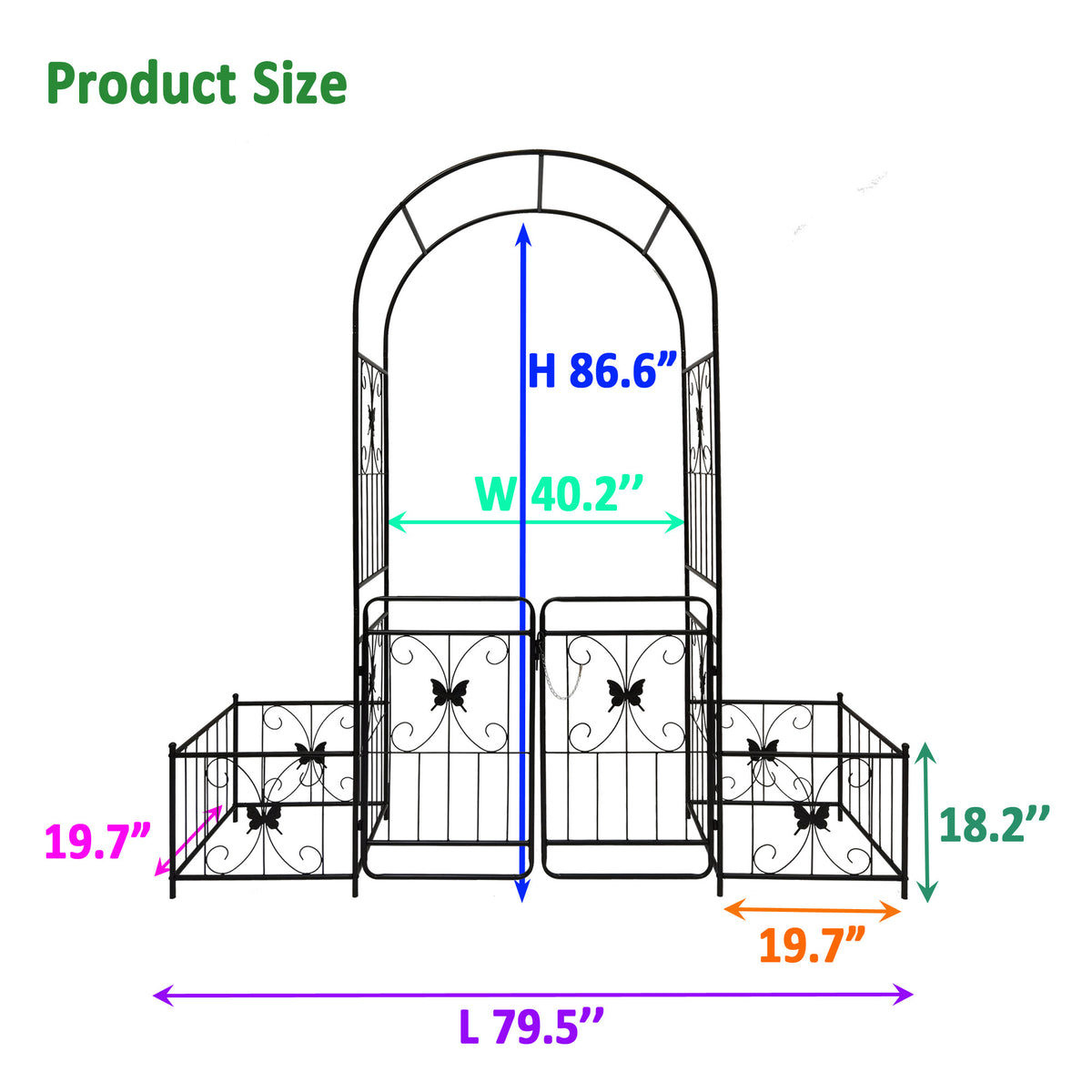 Anthony & Home black powder-coated metal garden arch with gate, 80" wide by 86" high, rose arbor for outdoor garden decoration.