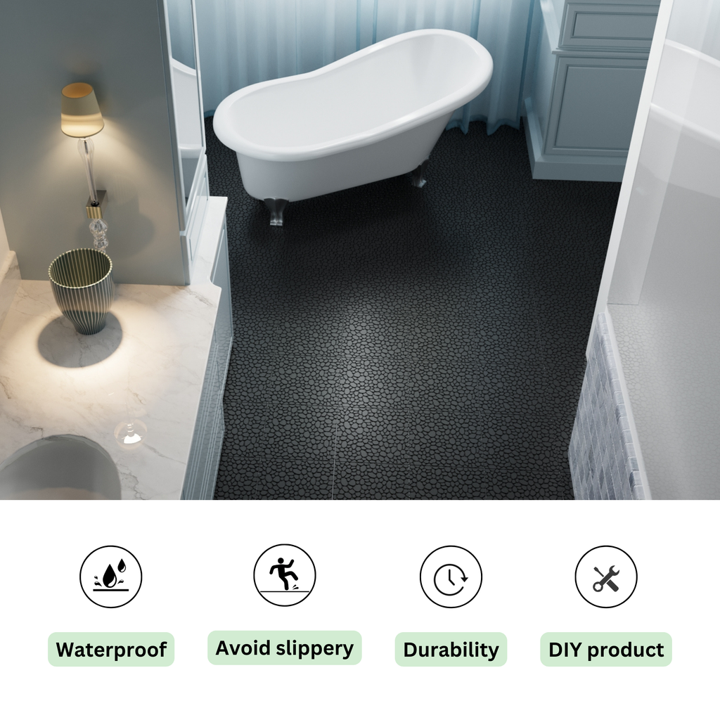 Black interlocking deck tiles from Anthony & Home, 12x12 inch all-weather anti-slip polymer for indoor and outdoor use.
