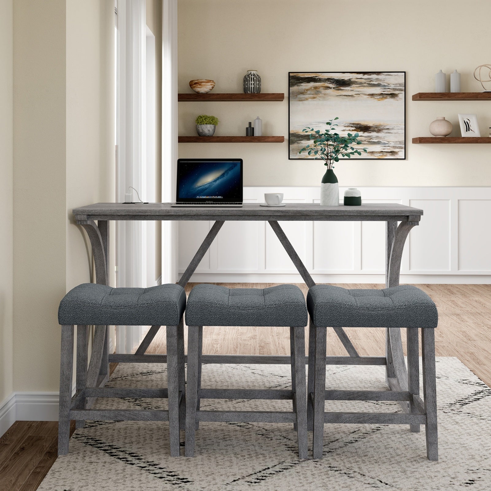 Gray Industrial Bar Table Set With Power Outlet And Chairs