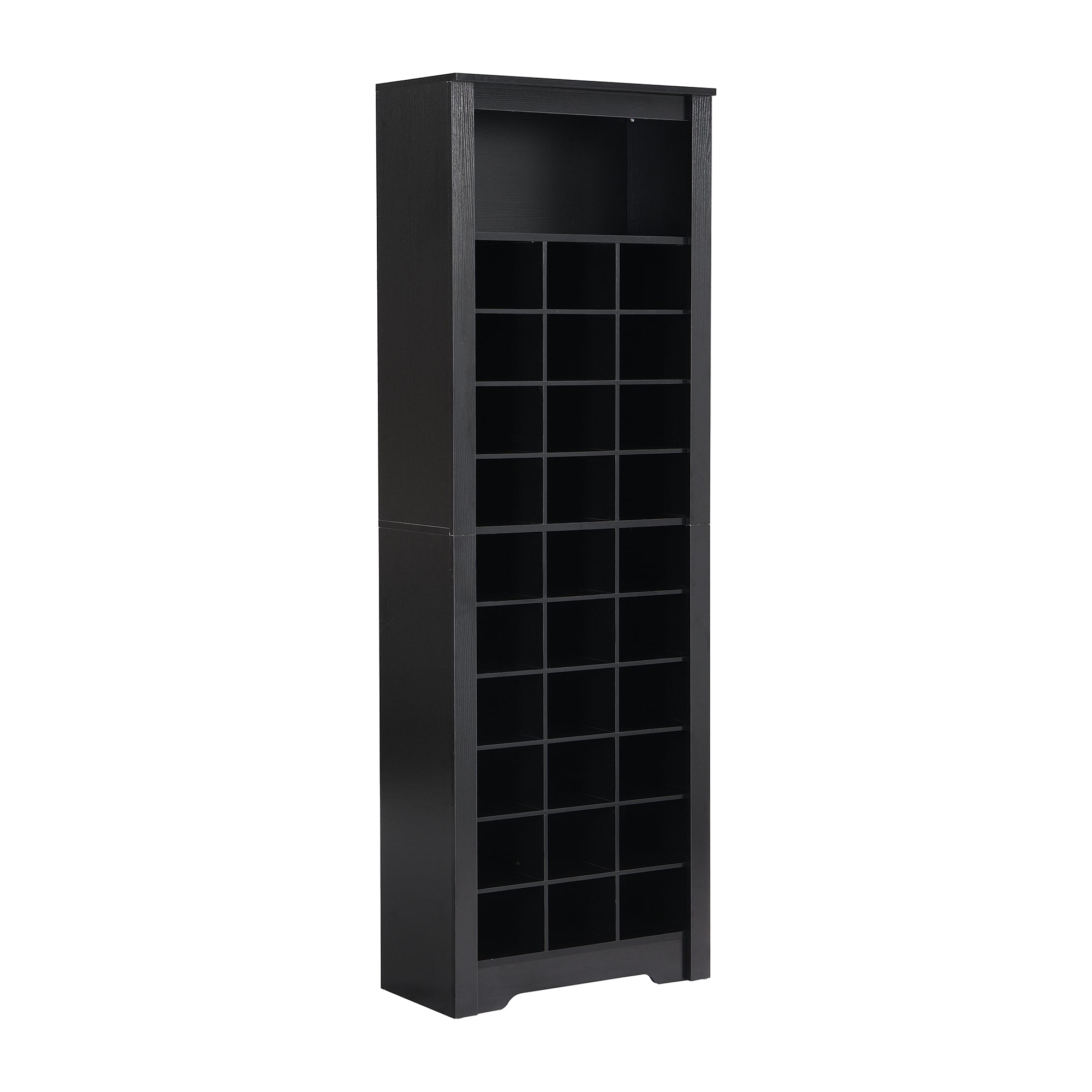 Anthony & Home On Trend Signature Shoe Cubby Console in black veneer with 30 compartments for organized shoe storage.