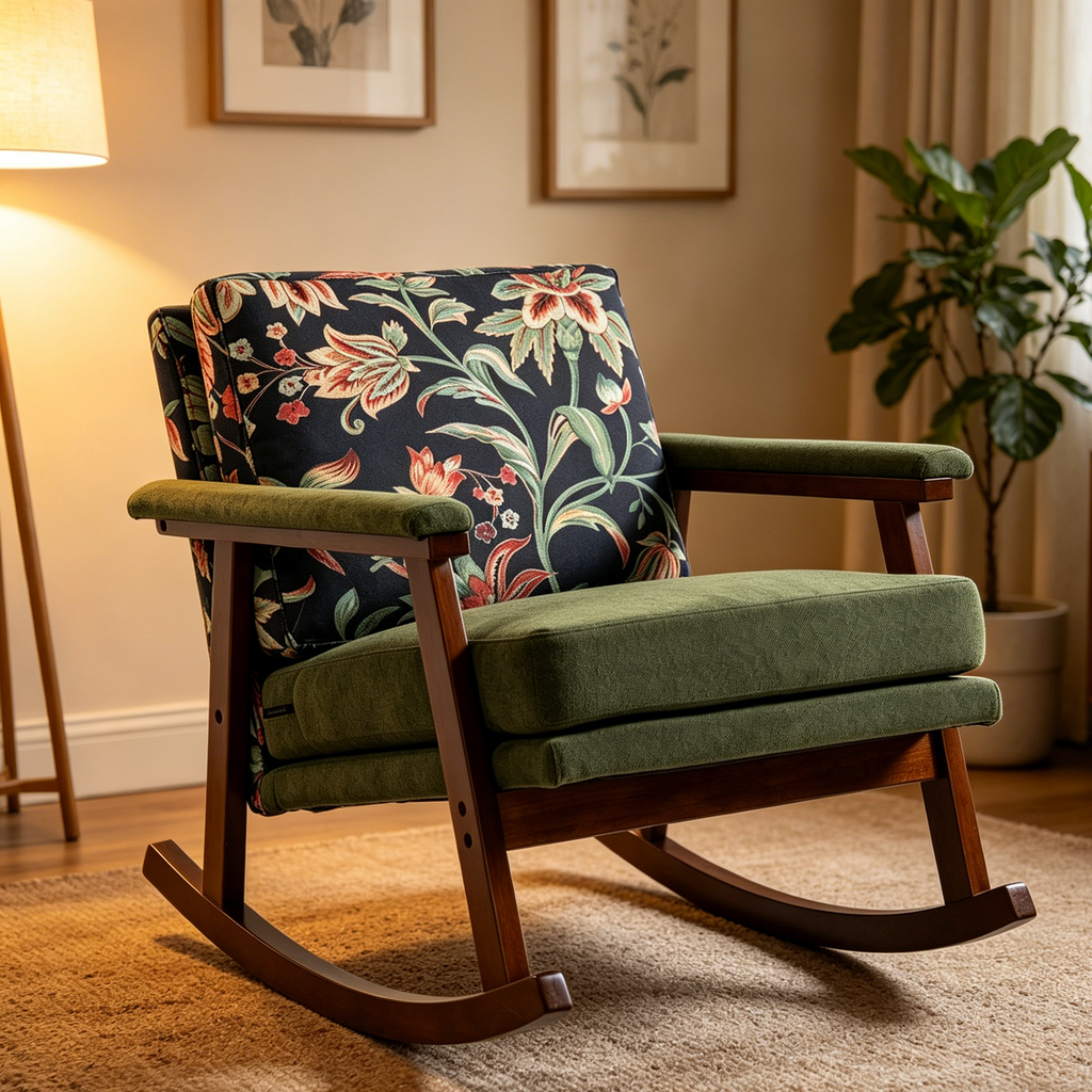 Mid-century modern walnut frame studio rocking chair with cushioned seat and backrest, designed for stylish comfort.