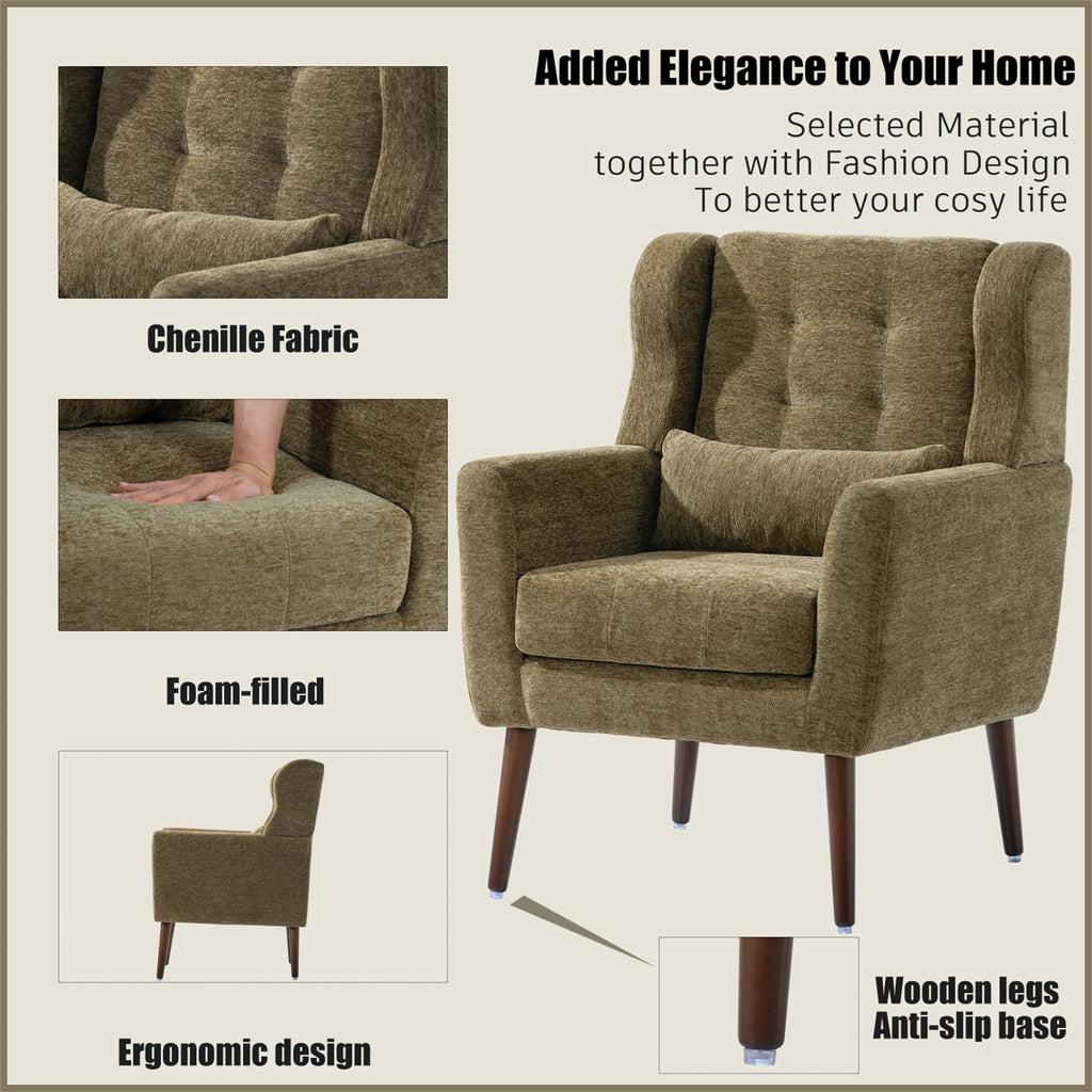 Olive chenille accent chair with solid wood legs from Anthony & Home, showcasing plush upholstery and stylish design.
