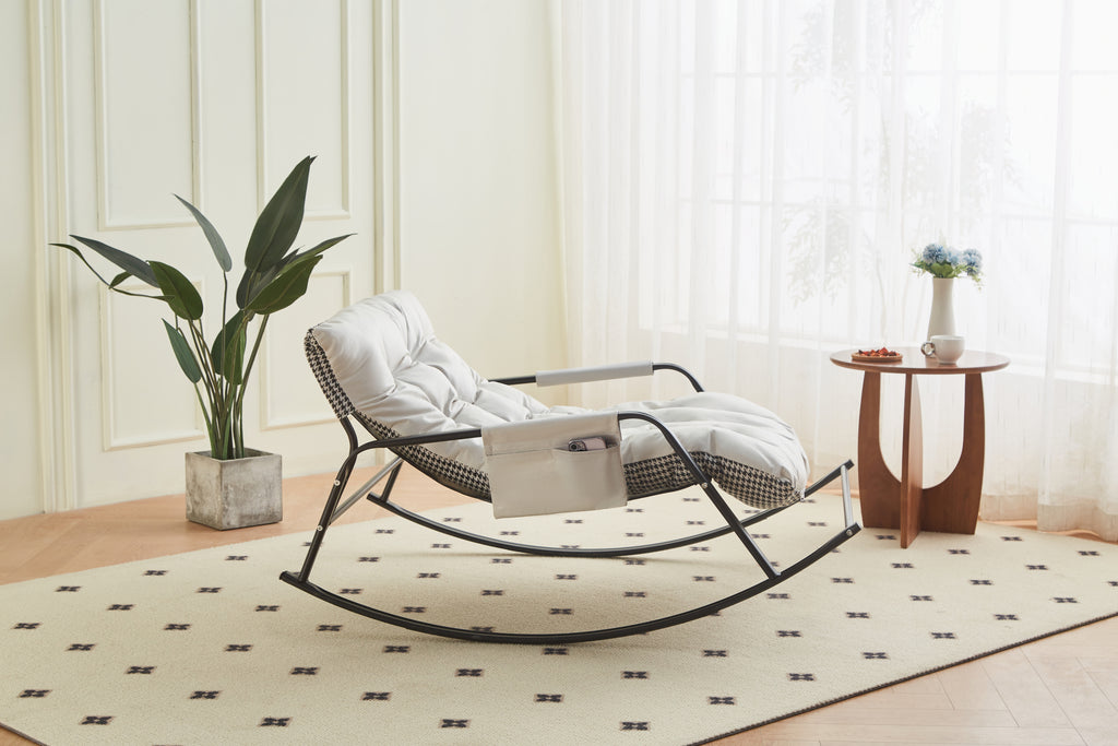White boucle rocking chair from Anthony & Home's Atelier Collection, featuring a plush, textured fabric and modern design.