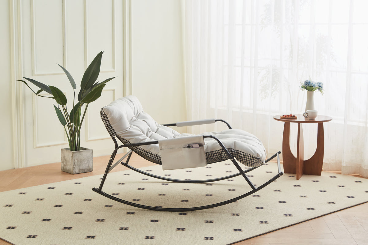 White boucle rocking chair from Anthony & Home's Atelier Collection, featuring a plush, textured fabric and modern design.