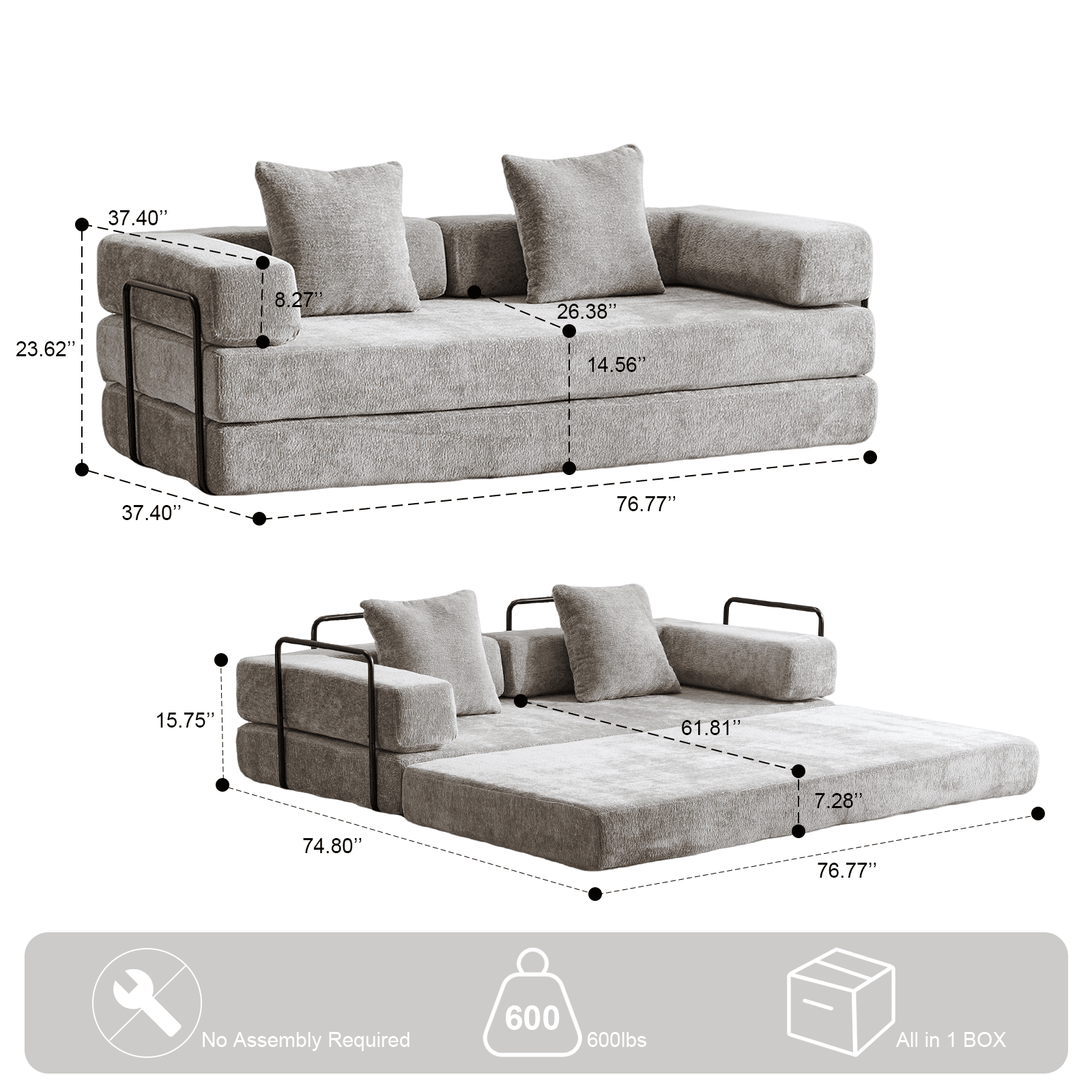 Light grey Anthony & Home Chenille sofa bed with pillow back, convertible design, Signature Edition, suitable for lounge or guest room.
