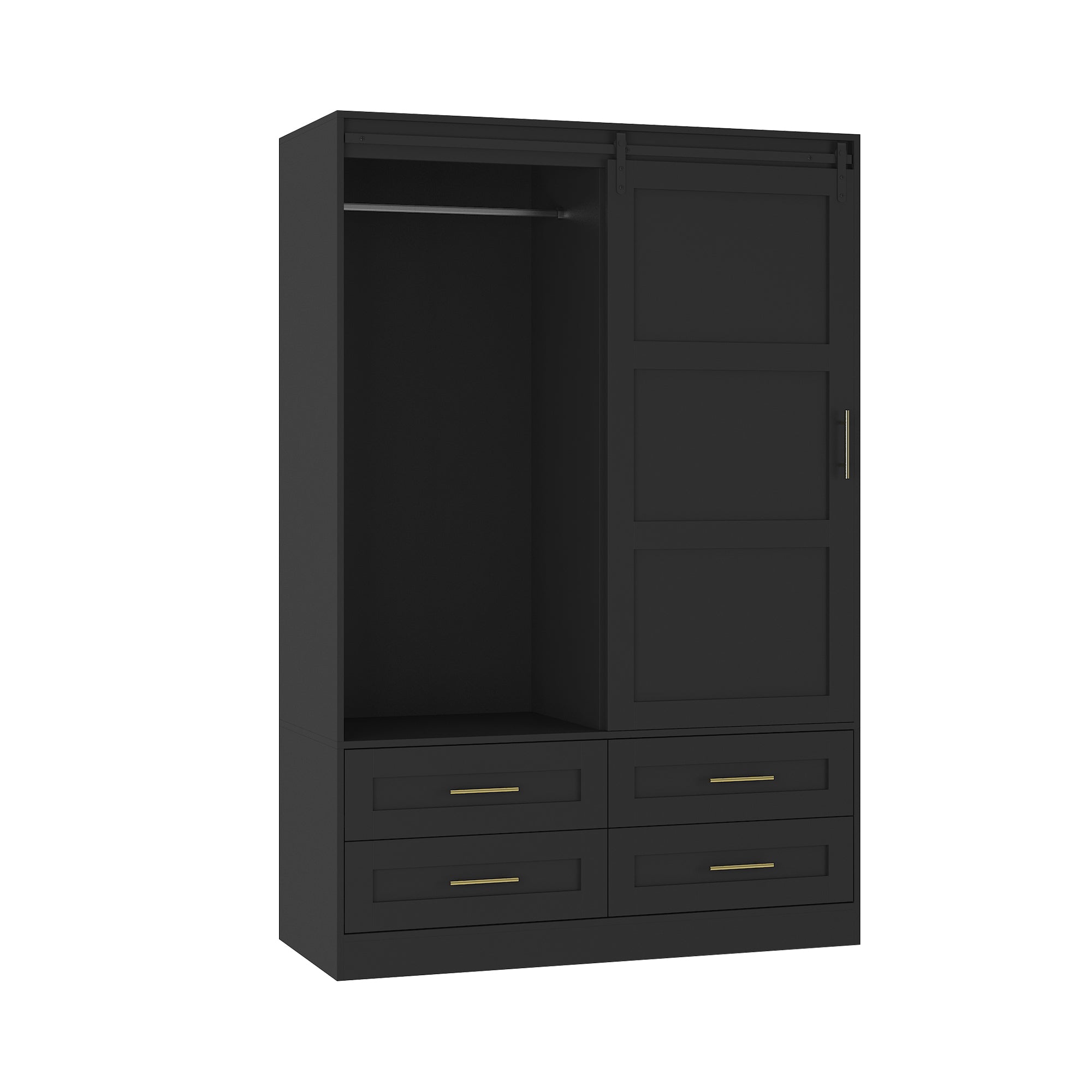 Anthony & Home Atelier Eco MDF tall armoire wardrobe with barn door, featuring sleek wood finish and spacious interior storage.