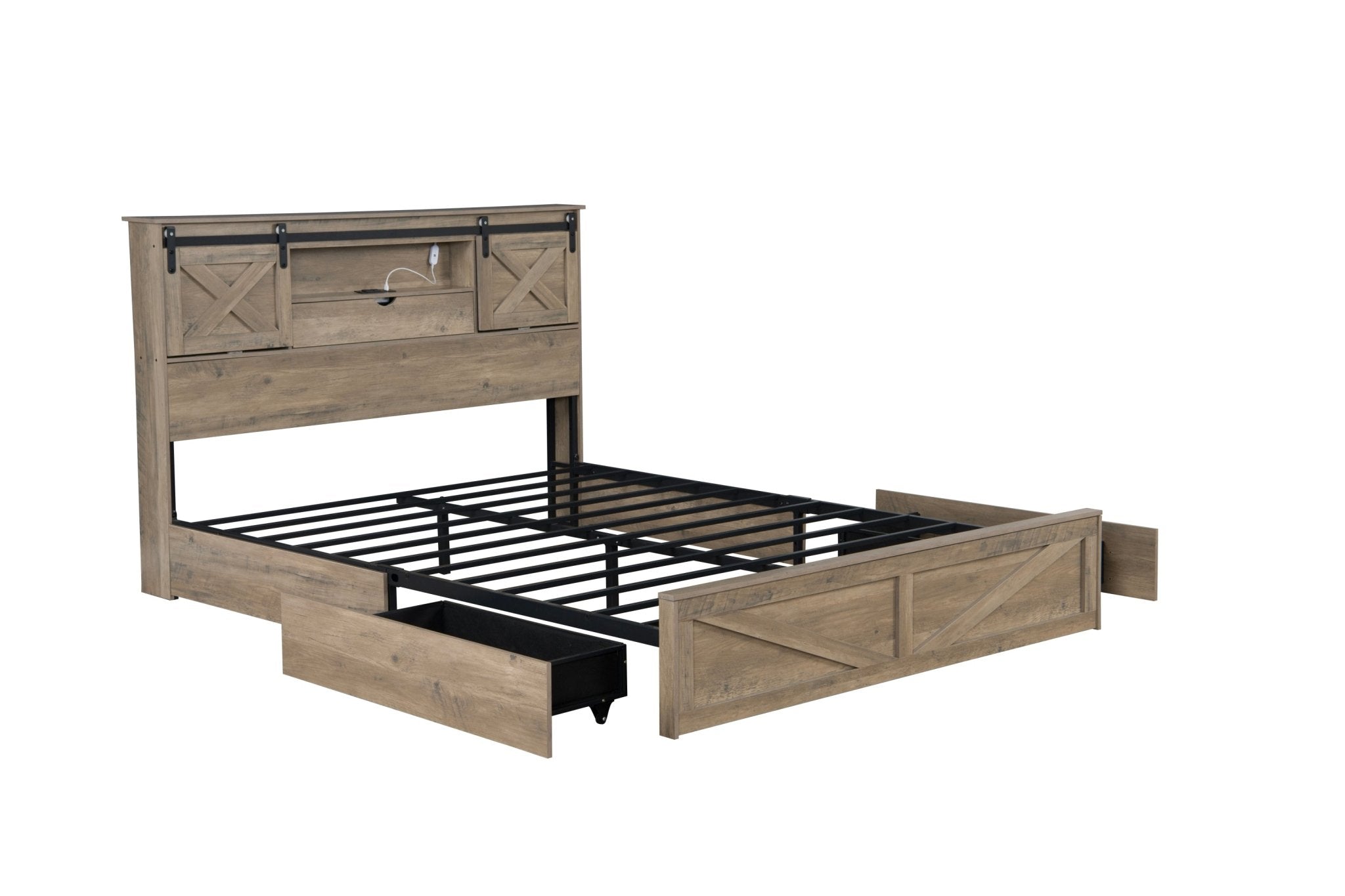 Queen farmhouse bed frame by Anthony & Home with grey rustic wood finish, LED lighting, charging station, and storage drawers.