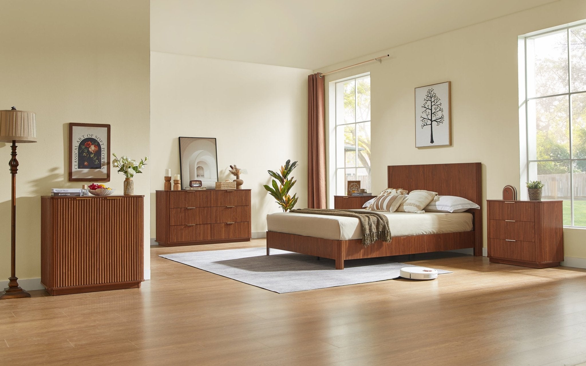 Walnut Wave Six-Drawer Dresser TV Stand by Anthony & Home, 55-inch wide with curved profile in the Studio Collection.