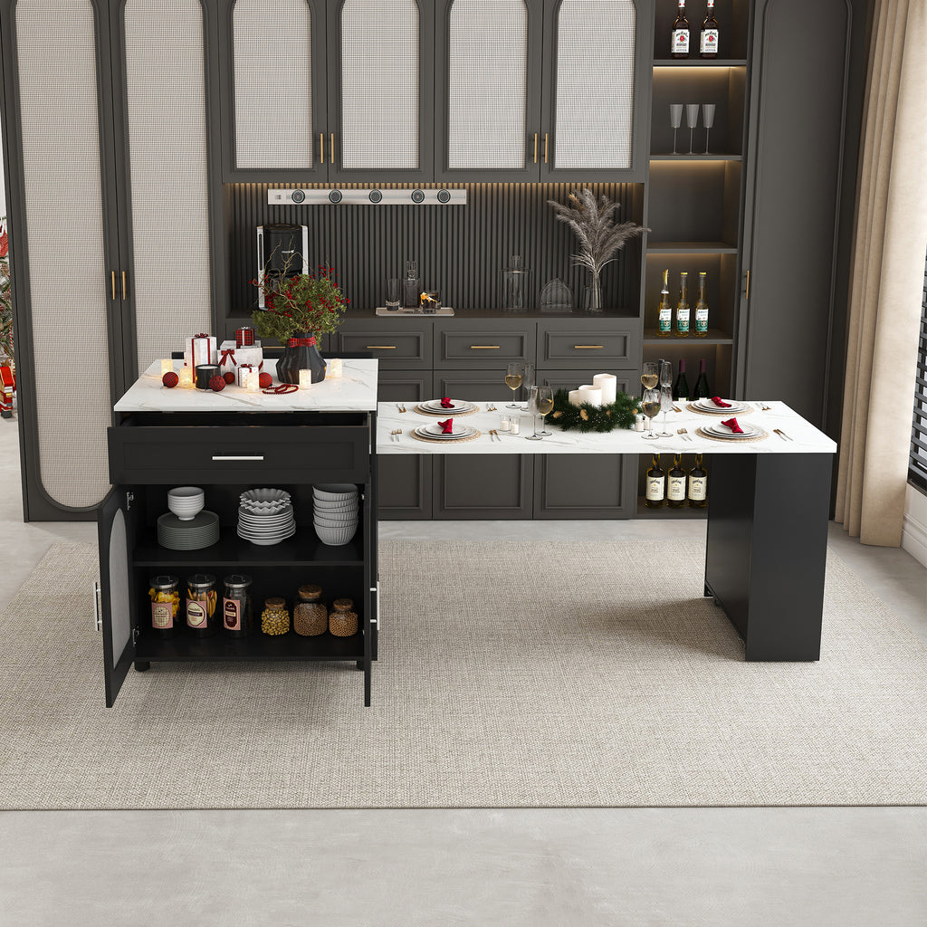 Black Expandable Kitchen Island with Marble - Grain Countertop, Power Outlet, Mobile Storage Cart with Cabinet & 2 Drawers, 80 - Inch Dining Table - Anthony & Home