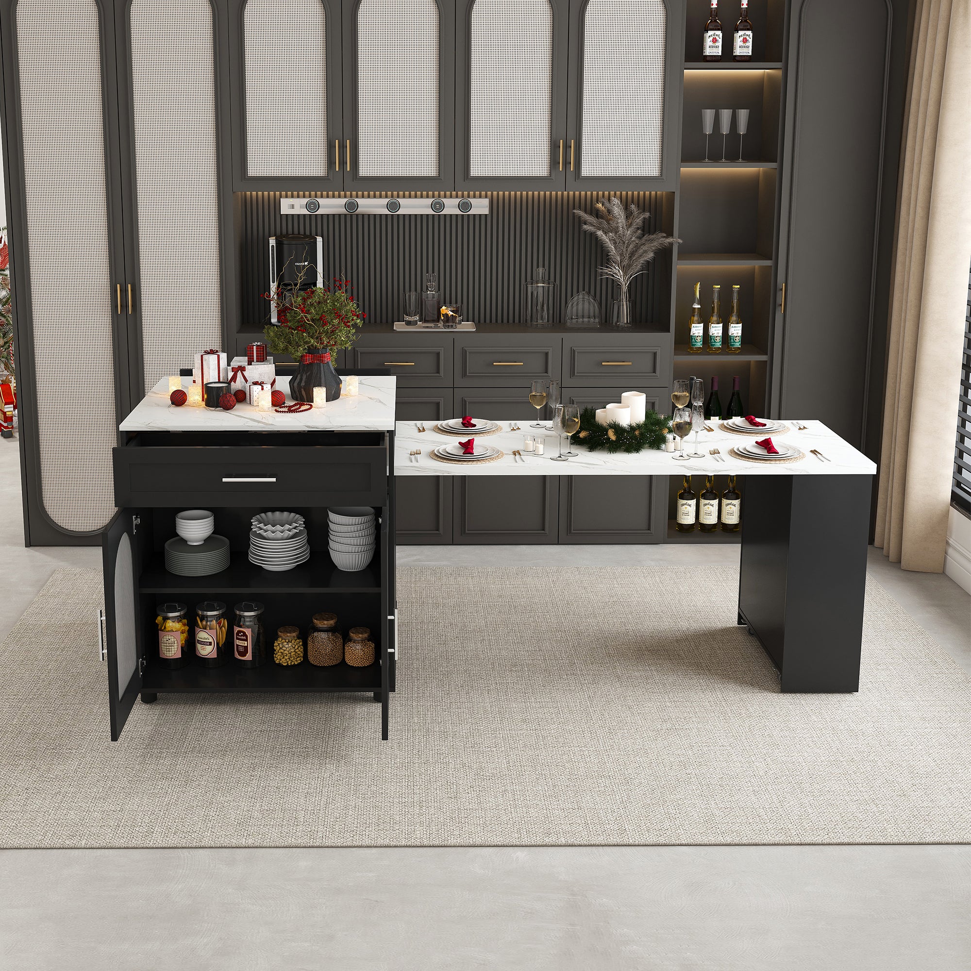Anthony & Home Studio Marble-Grain Kitchen Island with expandable countertop and built-in storage, ideal for modern kitchen spaces.