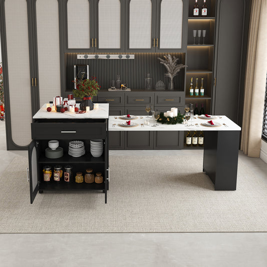 Black Expandable Kitchen Island with Marble - Grain Countertop, Power Outlet, Mobile Storage Cart with Cabinet & 2 Drawers, 80 - Inch Dining Table - Anthony & Home