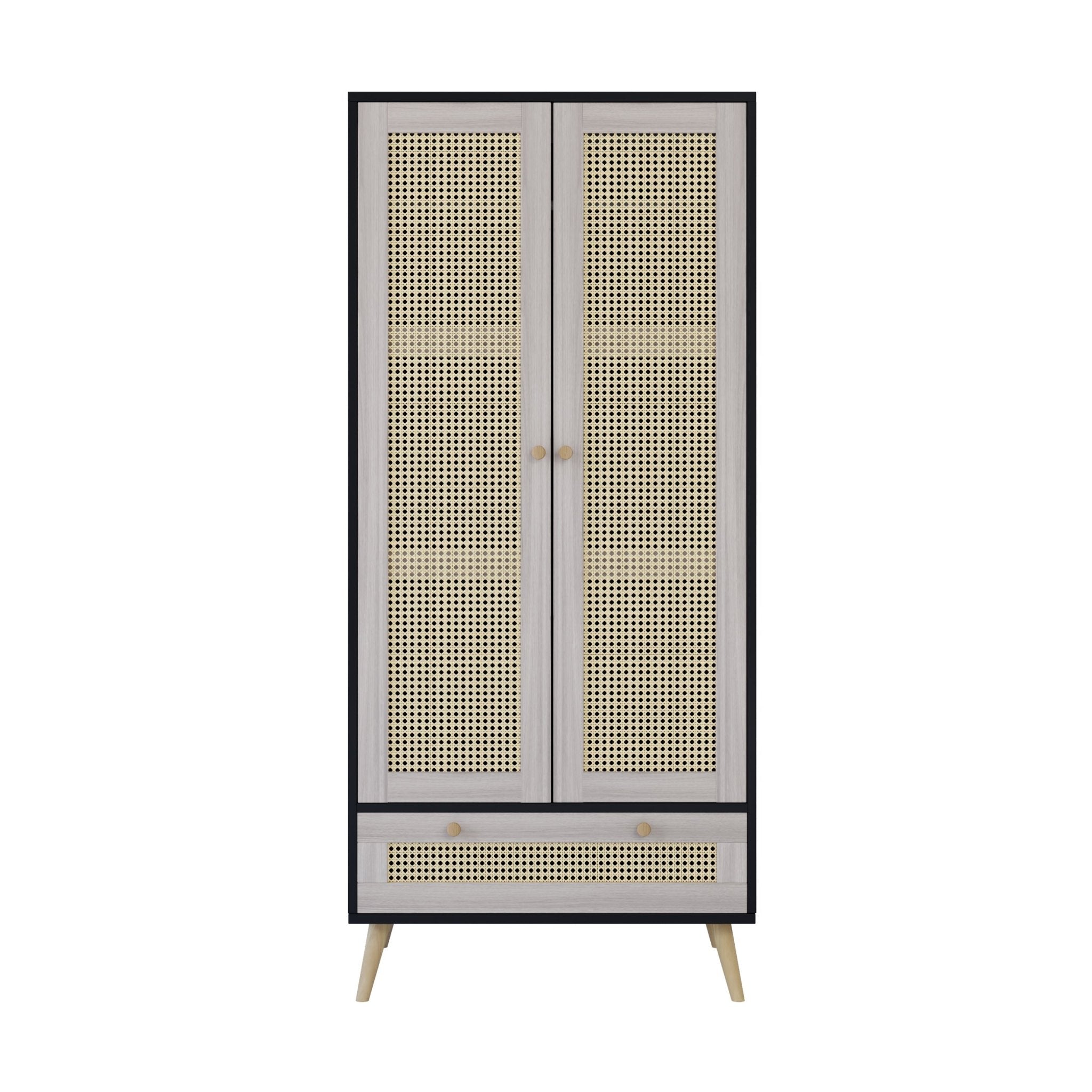 Anthony & Home boho armoire wardrobe with rattan door detail in natural black finish, showcasing stylish storage and design features.
