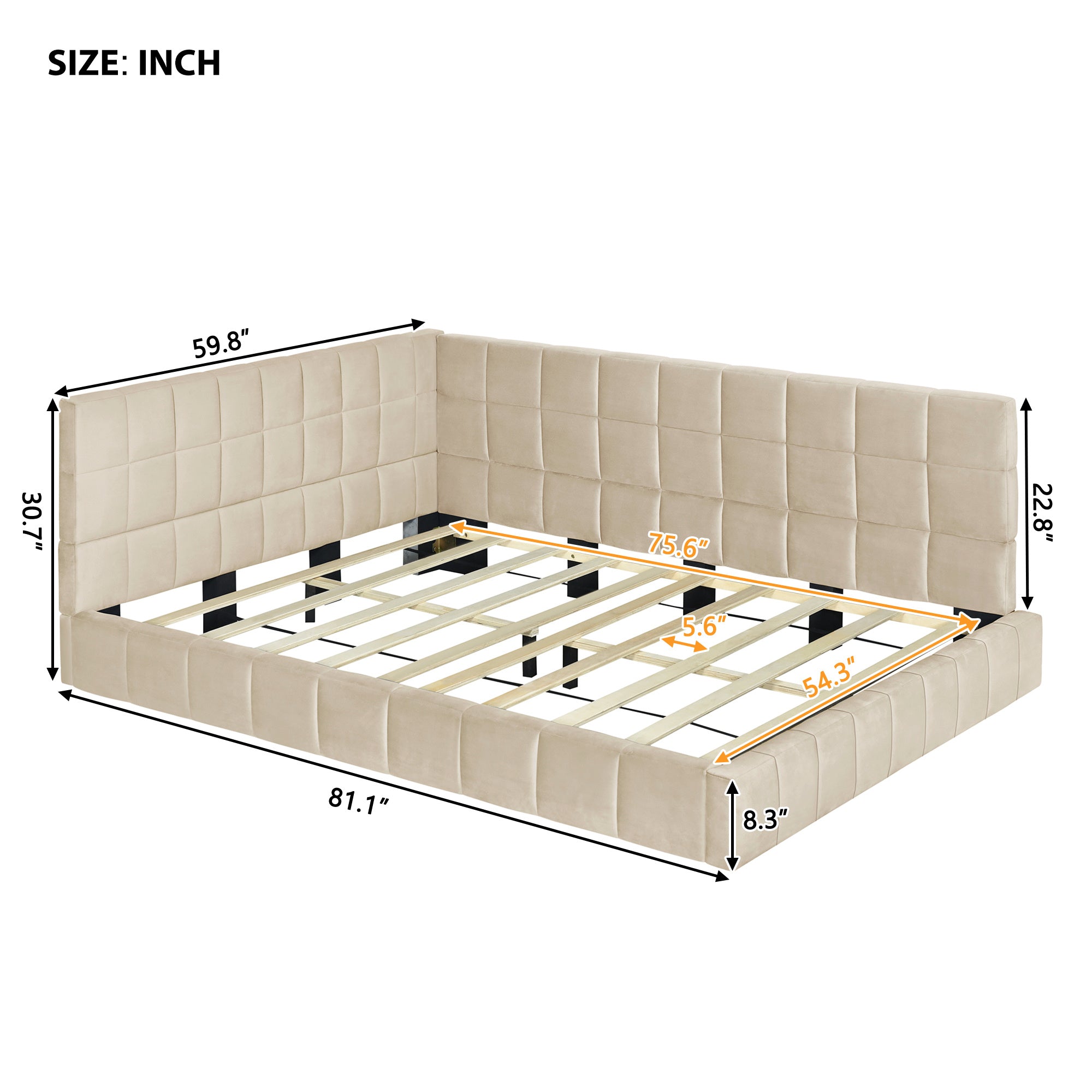 Beige Velvet Full Size Upholstered Sofa Bed Frame Modern