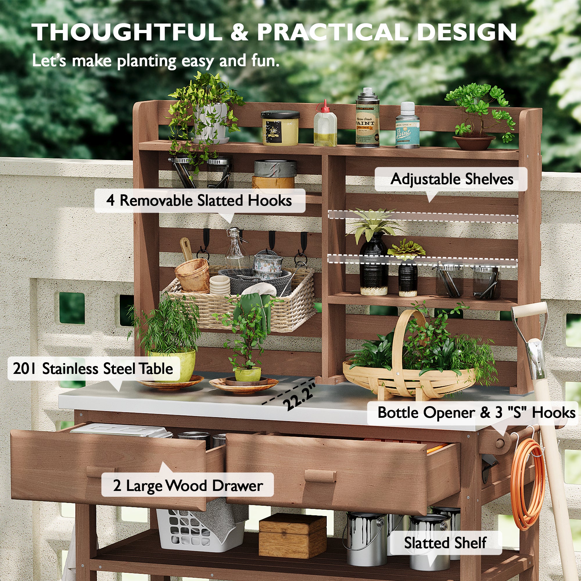 Anthony & Home Signature outdoor potting bench with stainless steel top, featuring a sturdy design for gardening and outdoor use.