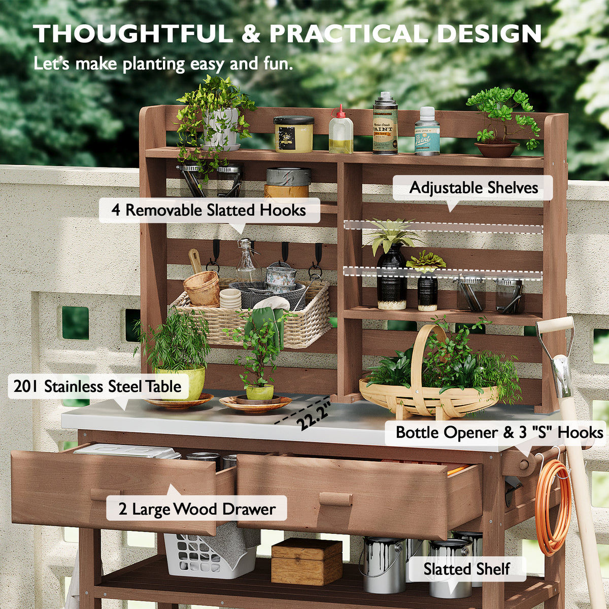 Anthony & Home Signature outdoor potting bench with stainless steel top, featuring a sturdy design for gardening and outdoor use.