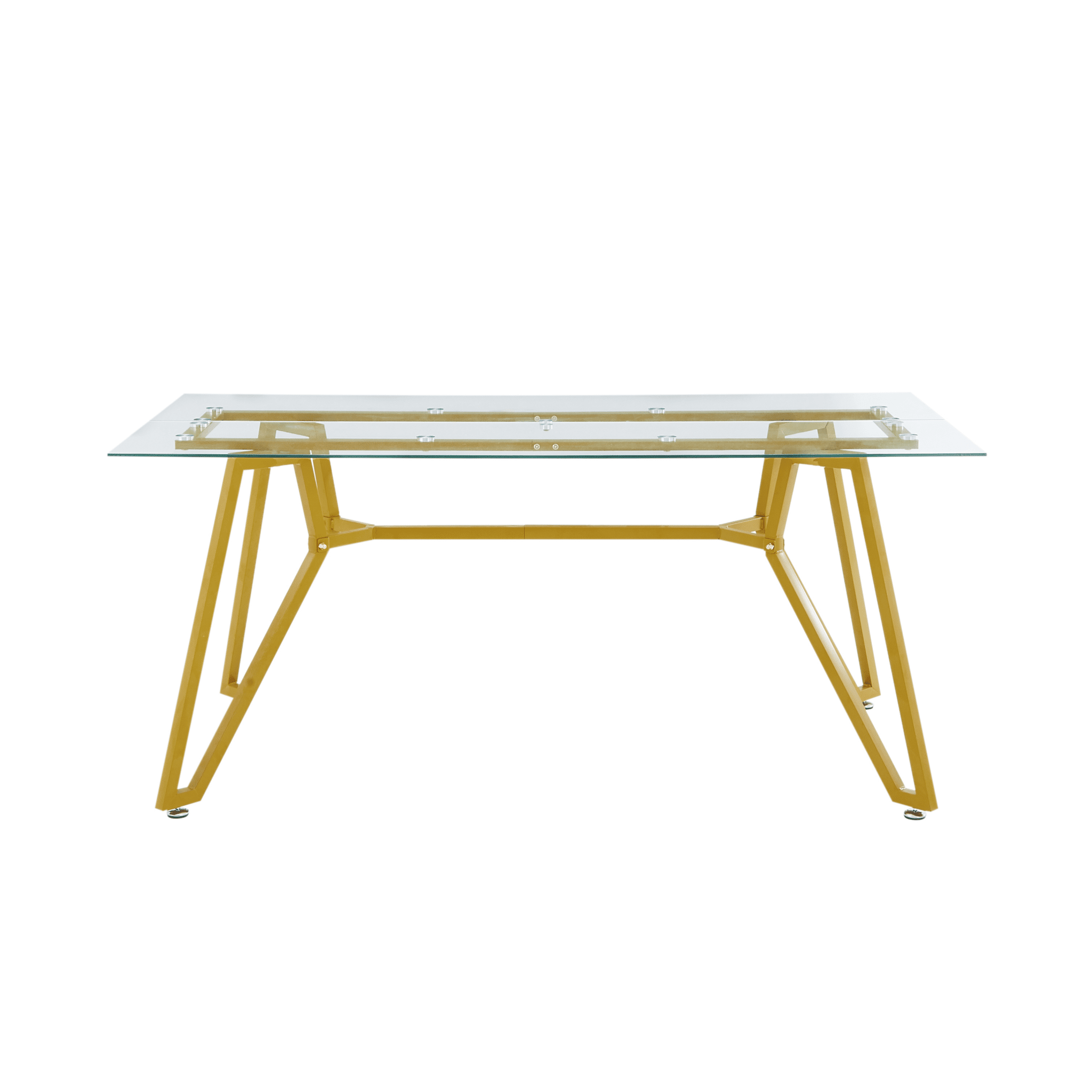 Rectangular glass dining table with gold finish from the Atelier Collection by Anthony & Home, showcasing a modern, elegant design.