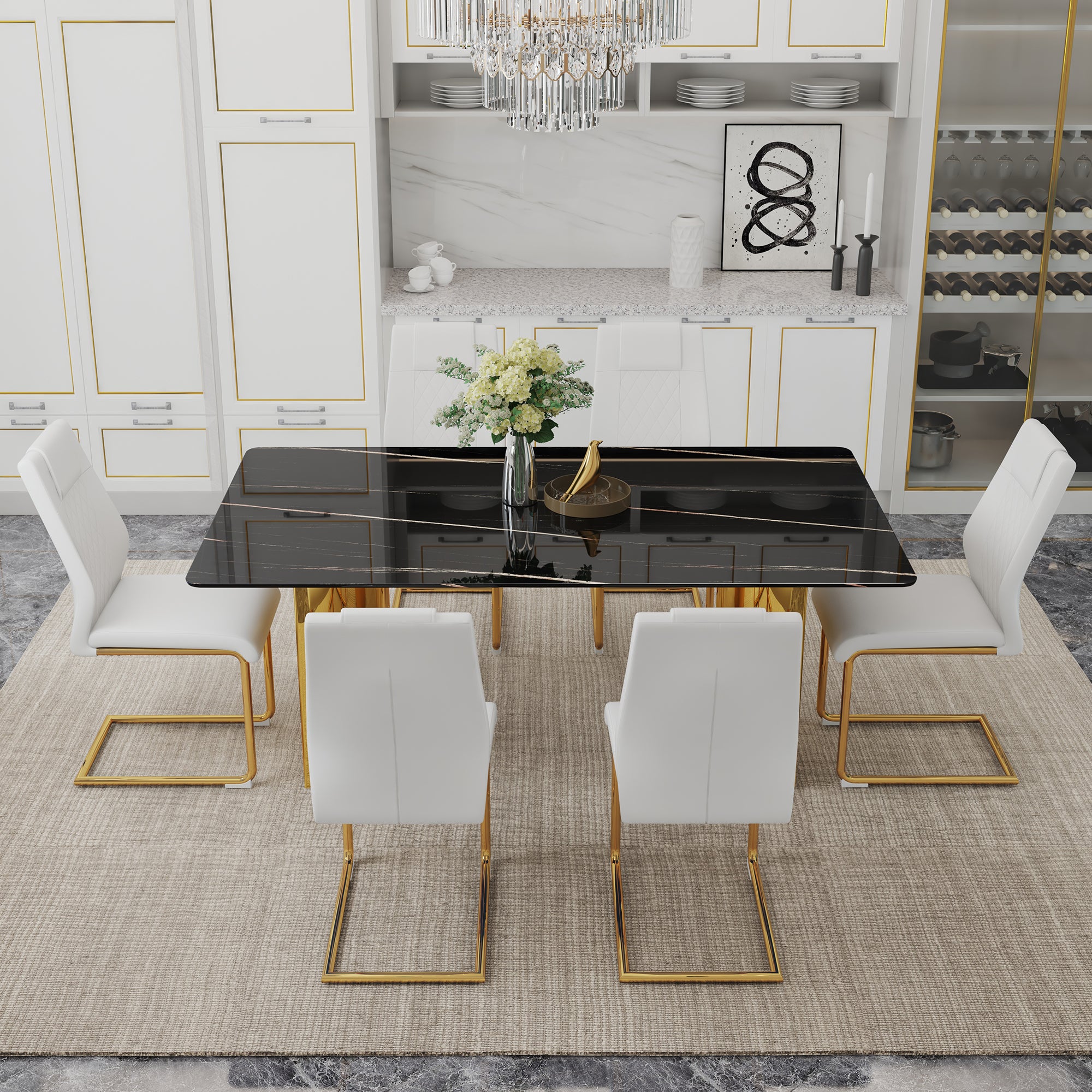 Heritage Gold glass dining table set with six Anthony & Home chairs, featuring a stylish and elegant dining room arrangement.