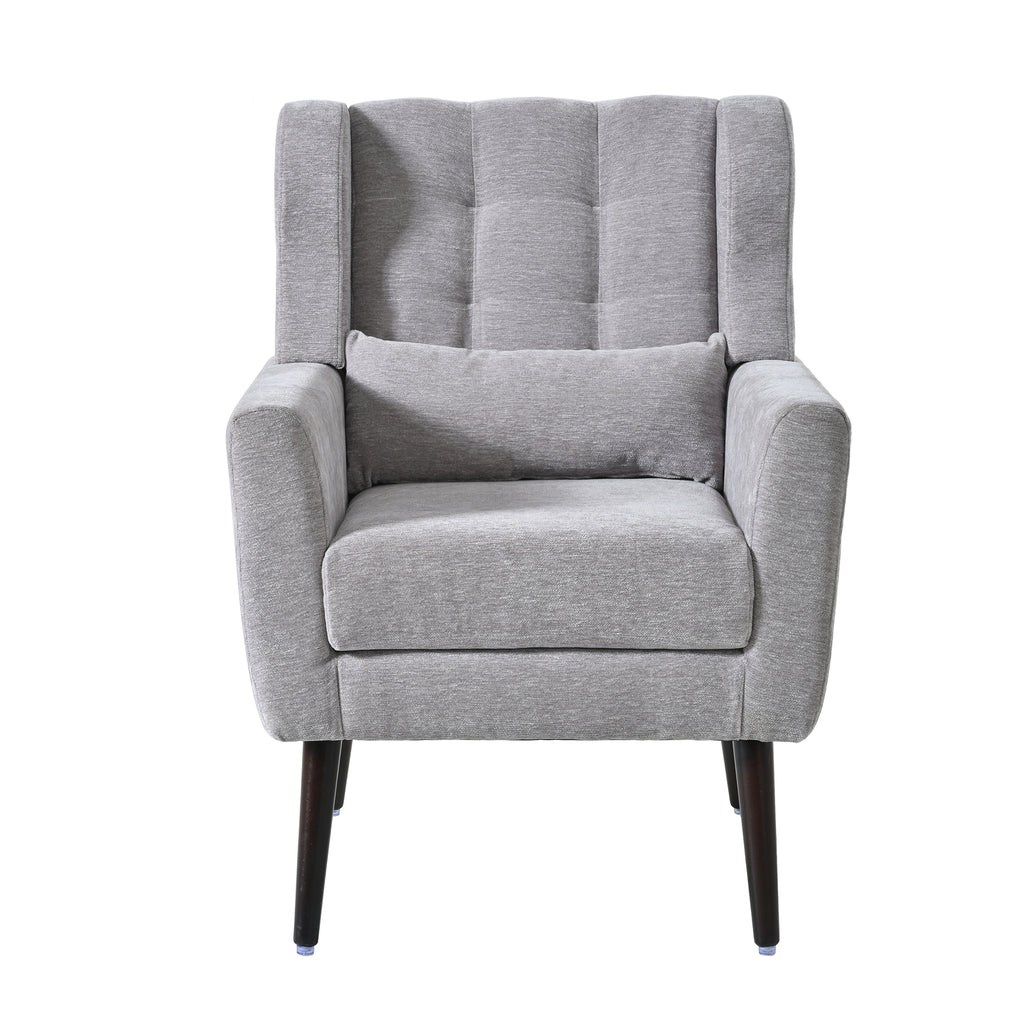 Gray chenille accent chair with solid wood legs from Anthony & Home, stylish studio furniture for modern living spaces.