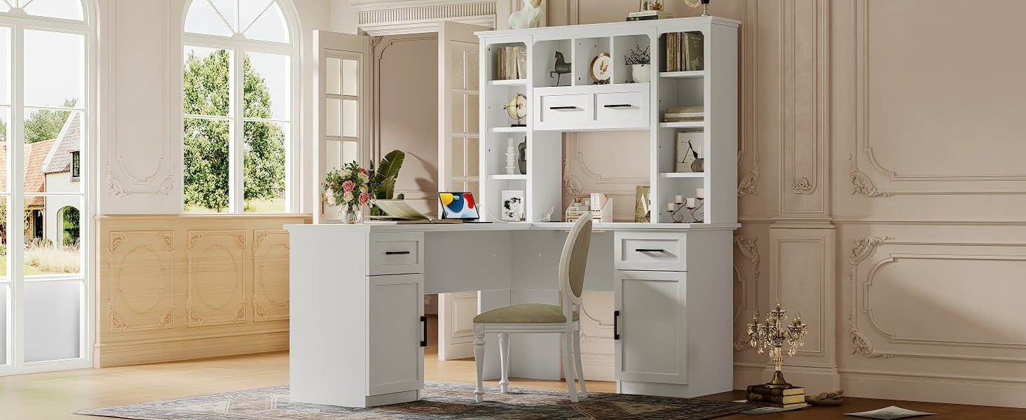 White matte finish L-shaped desk with cabinets and shelving from Anthony & Home Signature Collection, stylish and functional office furniture.