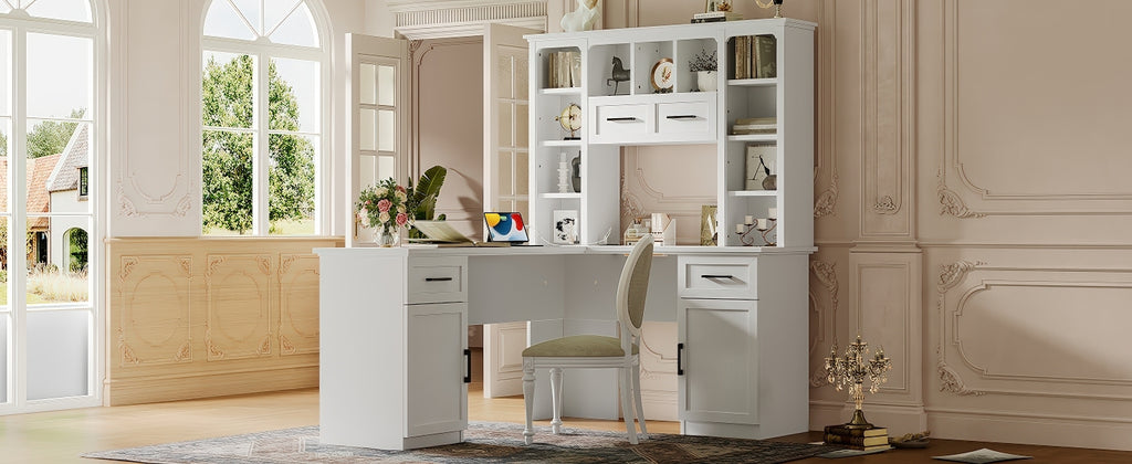 White matte finish L-shaped desk with cabinets and shelving from Anthony & Home Signature Collection, stylish and functional office furniture.